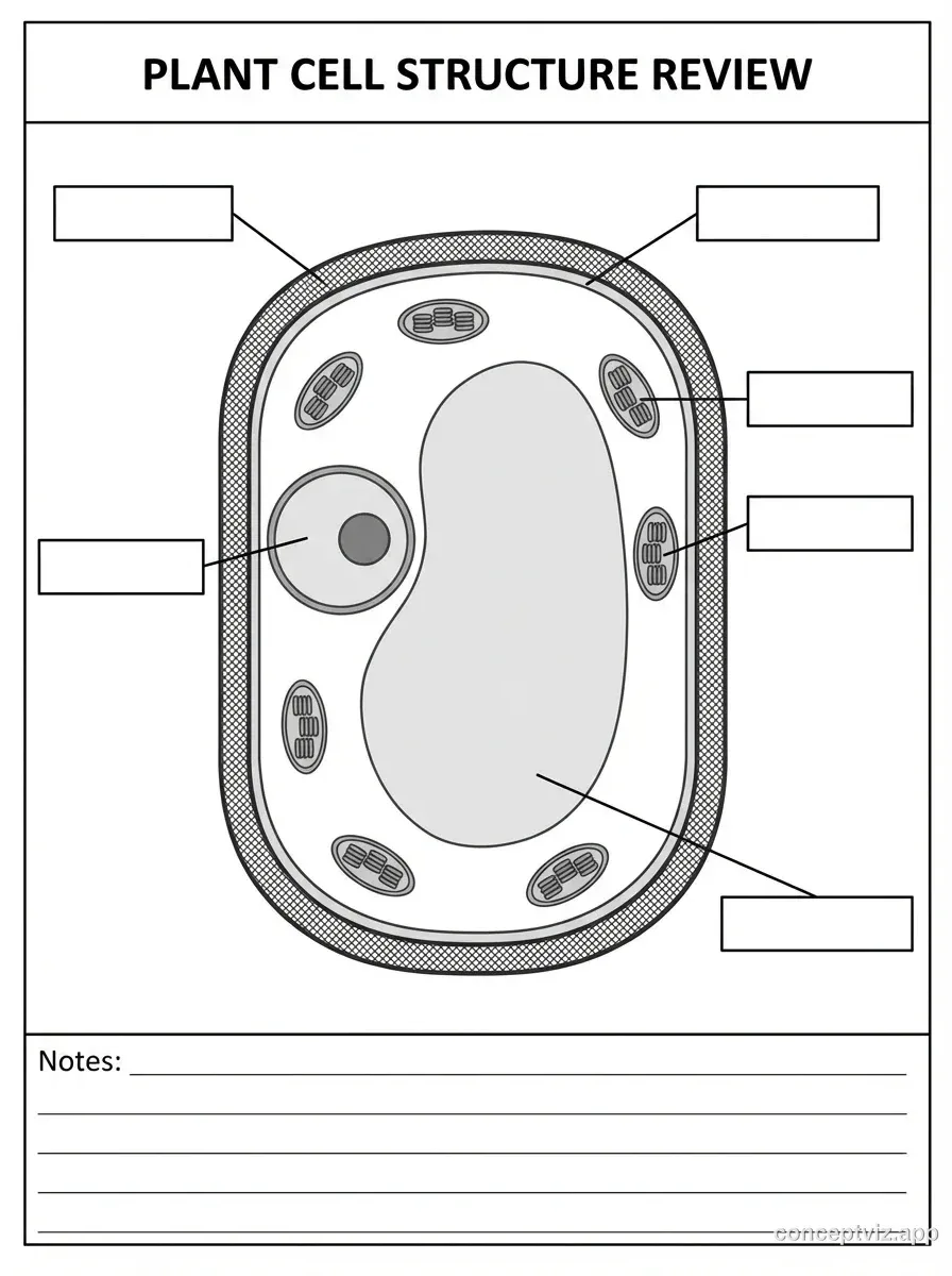 Grayscale exam review worksheet featuring a large unlabeled plant cell diagram in the center. The rectangular cell shows the cell wall, large vacuole, chloroplasts, and nucleus. Empty rectangular boxes surround the cell, connected by lines to different organelles. Students fill in each box with the correct organelle name. A title line at the top reads "Plant Cell Review". Space at the bottom provides room for additional notes. The worksheet is designed for printing on standard paper.