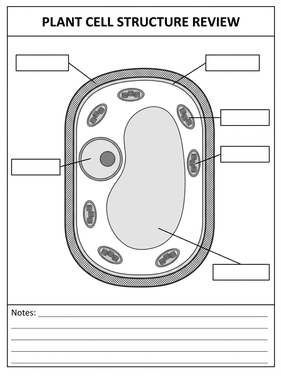 Grayscale exam review worksheet featuring a large unlabeled plant cell diagram in the center. The rectangular cell shows the cell wall, large vacuole, chloroplasts, and nucleus. Empty rectangular boxes surround the cell, connected by lines to different organelles. Students fill in each box with the correct organelle name. A title line at the top reads "Plant Cell Review". Space at the bottom provides room for additional notes. The worksheet is designed for printing on standard paper.