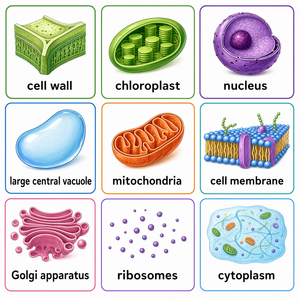 A grid of plant cell organelle flashcards, each showing one organelle illustration with its name