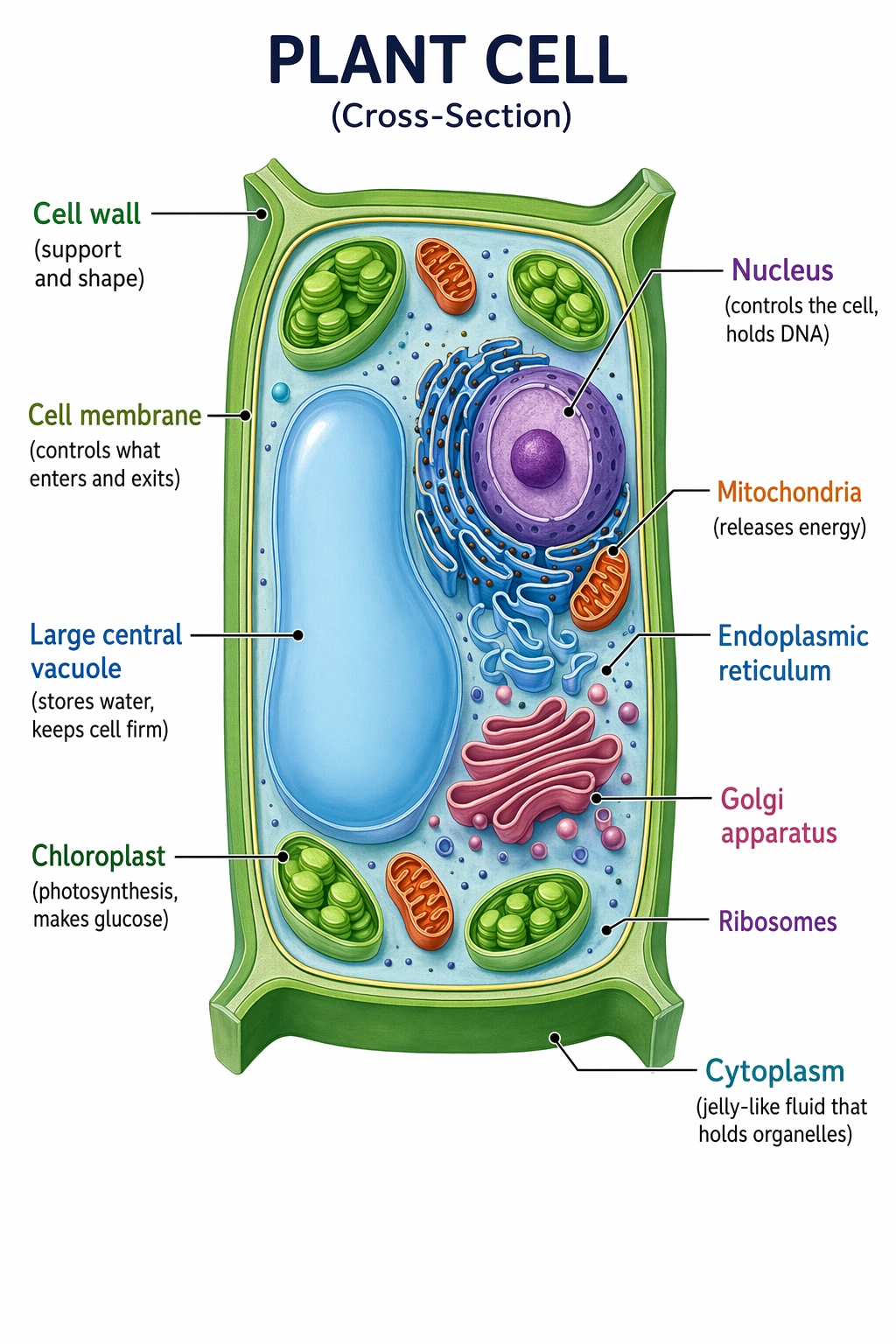 Labeled plant cell diagram where each organelle also lists its function, such as chloroplast for photosynthesis and vacuole for storing water