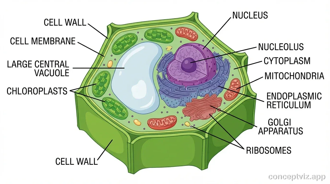 Educational diagram of a plant cell cross-section in full color. The cell has a rectangular shape with rounded corners due to the thick green cell wall on the outside. A large light blue central vacuole occupies about 70% of the cell interior. Multiple green oval chloroplasts are scattered around the edges near the cell membrane. The purple nucleus with nucleolus sits to one side. Orange mitochondria, blue endoplasmic reticulum, and green Golgi apparatus are visible in the cytoplasm. Each organelle has a labeled callout line pointing to its name.