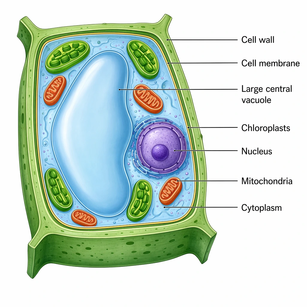 Plant cell diagram for middle school students labeled with the main organelles at a medium level of detail