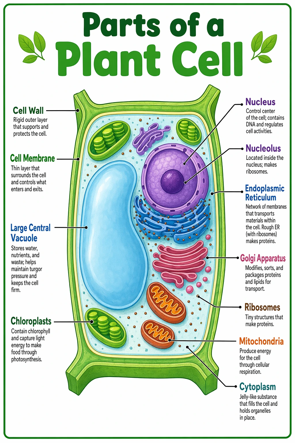 Classroom poster titled Parts of a Plant Cell with a large labeled cross-section and a short description of each organelle