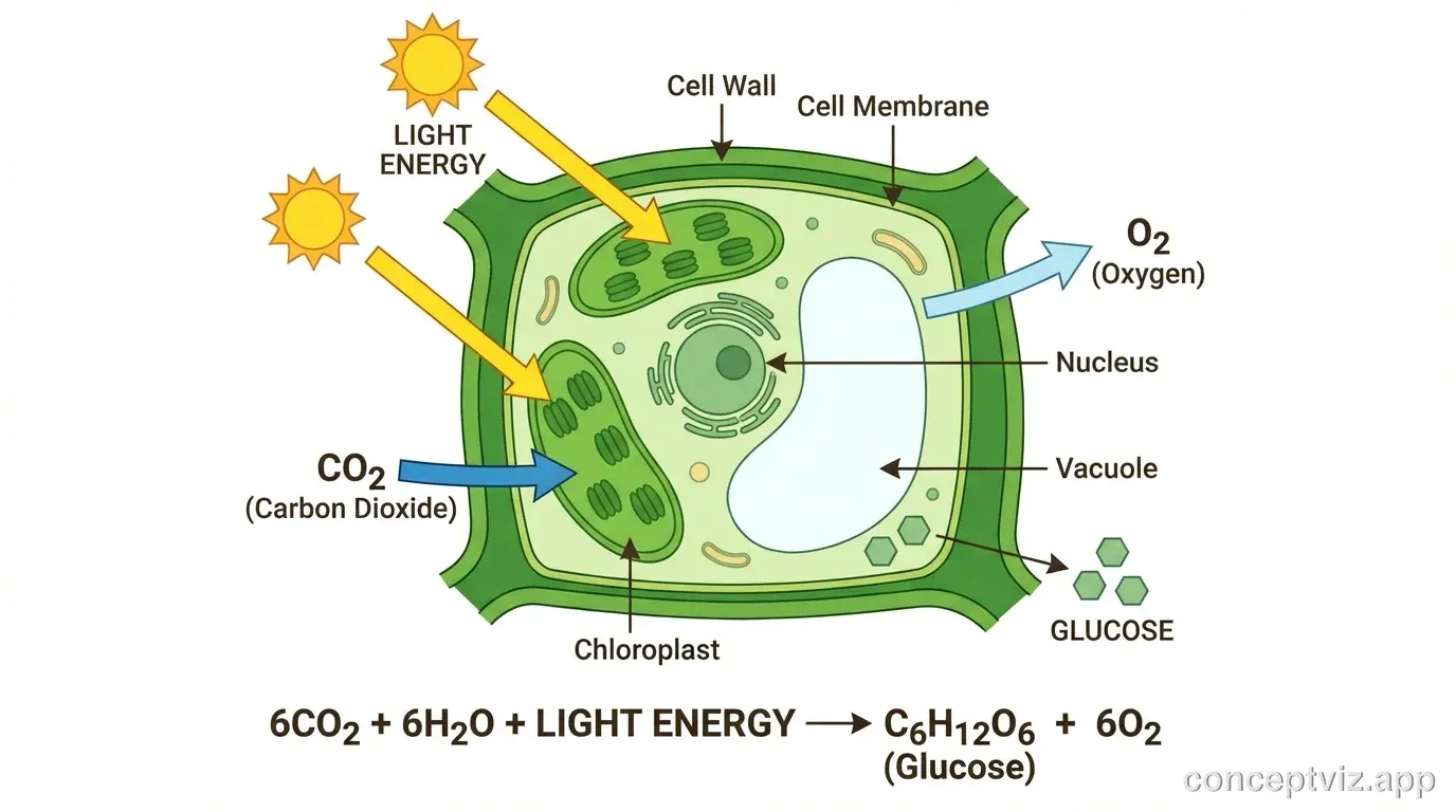 Educational infographic connecting plant cell structure to photosynthesis. A plant cell is shown with chloroplasts highlighted in green. Yellow arrows representing sunlight point toward the chloroplasts. Blue arrows show water (H2O) and carbon dioxide (CO2) entering the cell. Orange arrows show glucose (C6H12O6) and oxygen (O2) being produced. The photosynthesis equation "6CO2 + 6H2O → C6H12O6 + 6O2" is displayed at the bottom. The diagram shows how chloroplasts use light energy to convert carbon dioxide and water into glucose and oxygen.