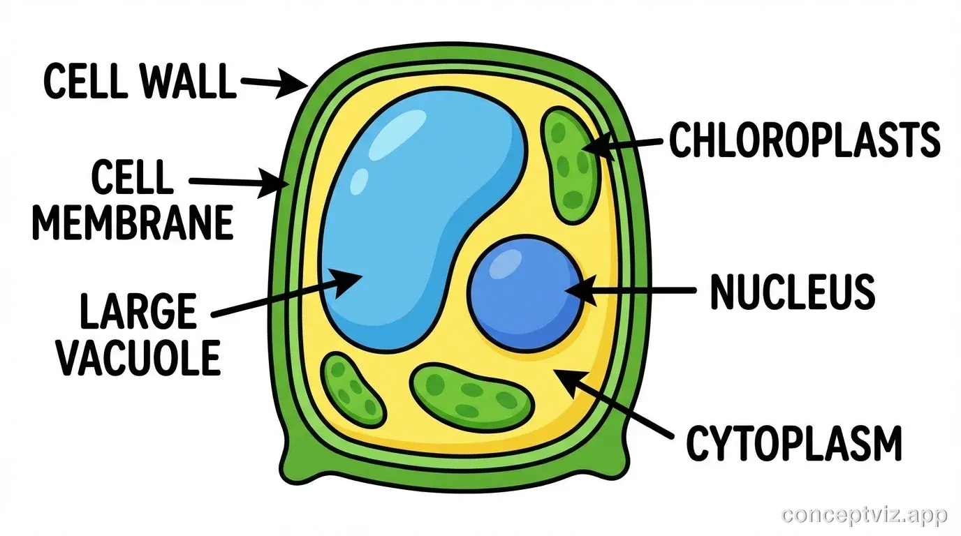 Simple cartoon-style plant cell diagram for young students. A friendly rectangular cell shape with bright colors. The thick green cell wall forms the outer boundary. A large blue vacuole fills most of the center. Bright green oval chloroplasts are around the edges. The purple nucleus is in one corner. Only 6 main parts are labeled with large, easy-to-read text: Cell Wall, Cell Membrane, Vacuole, Chloroplasts, Nucleus, and Cytoplasm.