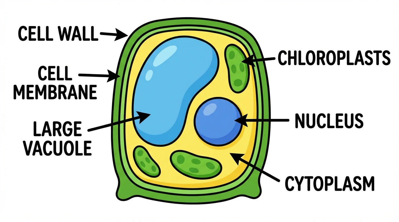 Simple cartoon-style plant cell diagram for young students. A friendly rectangular cell shape with bright colors. The thick green cell wall forms the outer boundary. A large blue vacuole fills most of the center. Bright green oval chloroplasts are around the edges. The purple nucleus is in one corner. Only 6 main parts are labeled with large, easy-to-read text: Cell Wall, Cell Membrane, Vacuole, Chloroplasts, Nucleus, and Cytoplasm.