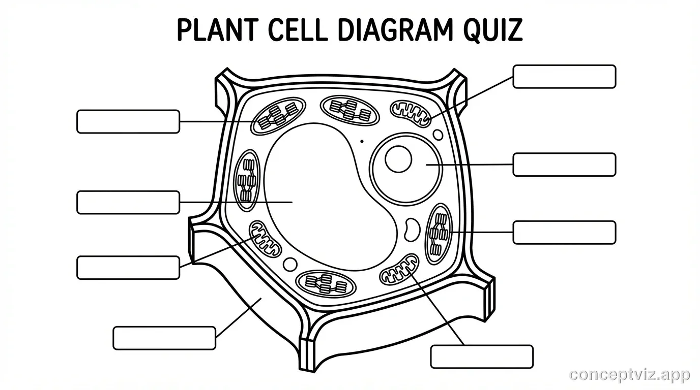 Black and white worksheet showing a plant cell cross-section without labels. The cell has a rectangular shape with a thick outer cell wall. A large central vacuole takes up most of the cell interior. Oval chloroplasts line the edges. The nucleus is visible on one side. Blank lines with arrows point to the cell wall, cell membrane, vacuole, chloroplasts, nucleus, mitochondria, and other organelles. Students can write the organelle names on the blank lines.