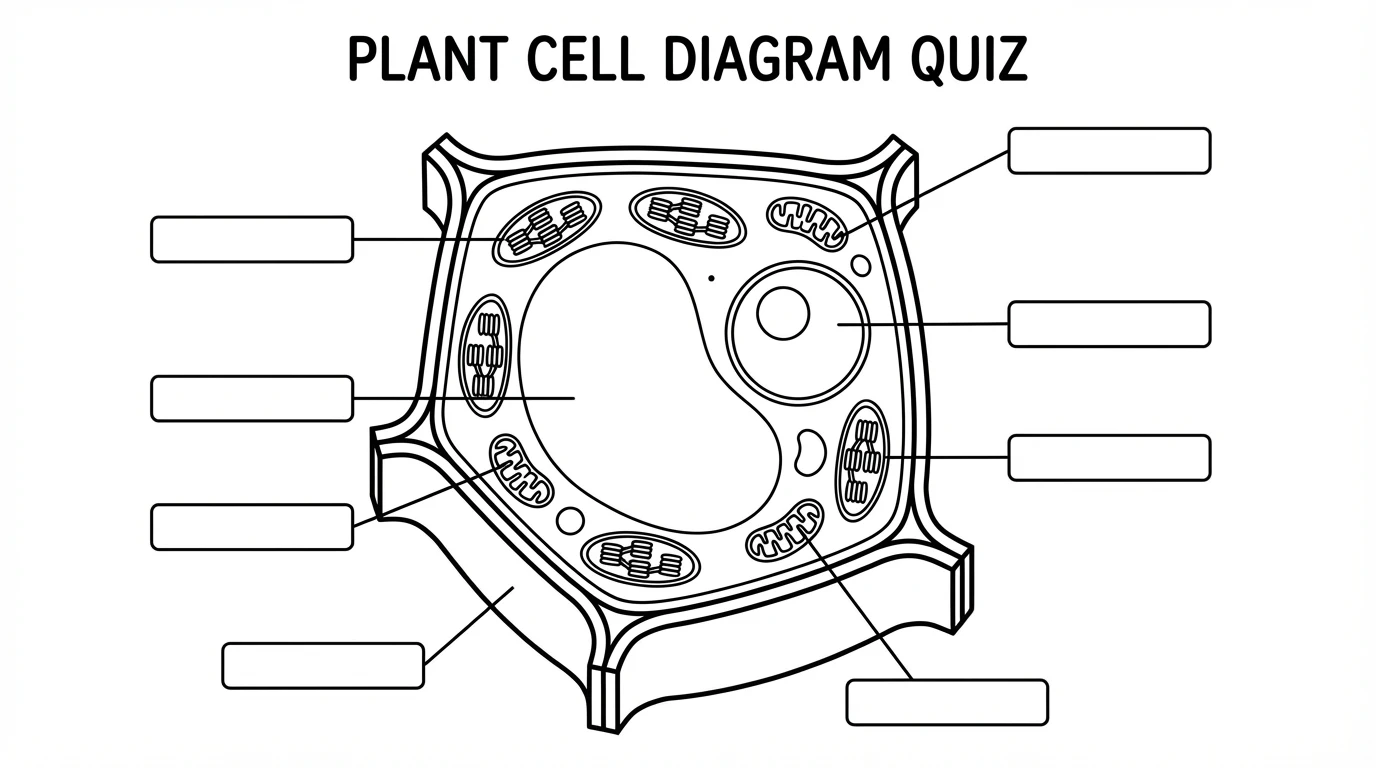 Black and white worksheet showing a plant cell cross-section without labels. The cell has a rectangular shape with a thick outer cell wall. A large central vacuole takes up most of the cell interior. Oval chloroplasts line the edges. The nucleus is visible on one side. Blank lines with arrows point to the cell wall, cell membrane, vacuole, chloroplasts, nucleus, mitochondria, and other organelles. Students can write the organelle names on the blank lines.