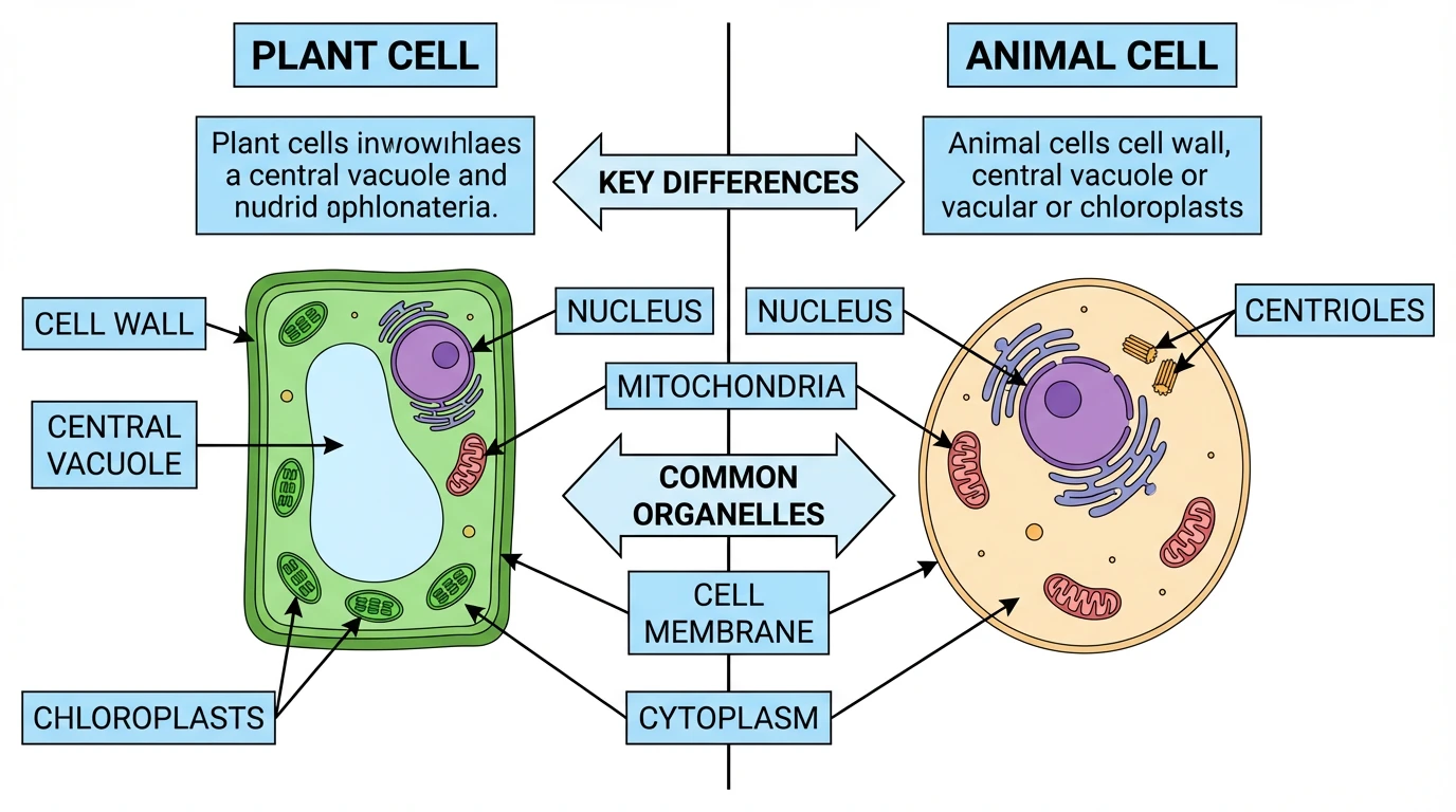Side-by-side comparison of a plant cell (left) and animal cell (right). The plant cell is rectangular with a thick cell wall, large central vacuole occupying most of the cell, and green chloroplasts around the edges. The animal cell is round with no cell wall, multiple small vacuoles, and no chloroplasts. Arrows and labels highlight the three key differences: Cell Wall (plant only), Chloroplasts (plant only), and Large Central Vacuole (plant only). Both cells share common organelles including nucleus, mitochondria, and endoplasmic reticulum.