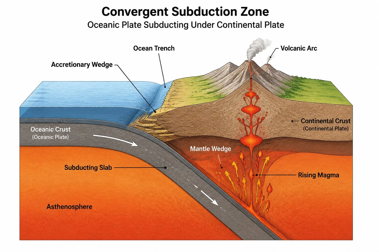 Cross-section of a convergent plate boundary showing an oceanic plate subducting under a continental plate, with labels for the ocean trench, subducting slab, mantle wedge, rising magma, volcanic arc, and accretionary wedge