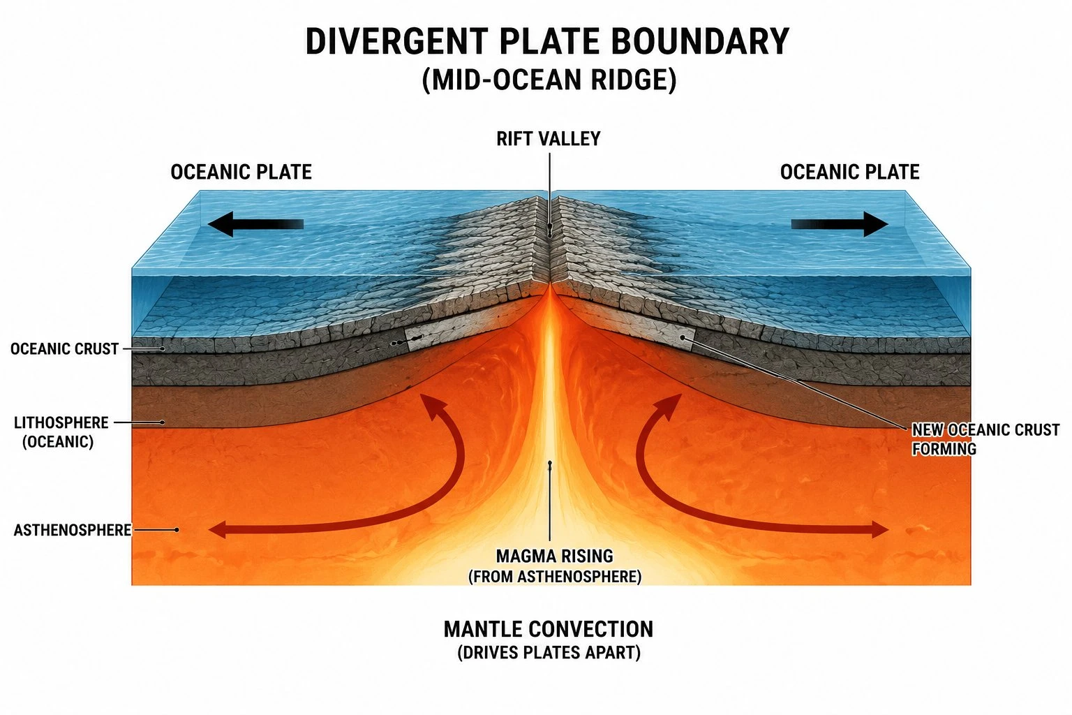 Cross-section of a divergent plate boundary at a mid-ocean ridge showing two plates moving apart, magma rising from the mantle, new oceanic crust forming, the rift valley, and hydrothermal vents labeled