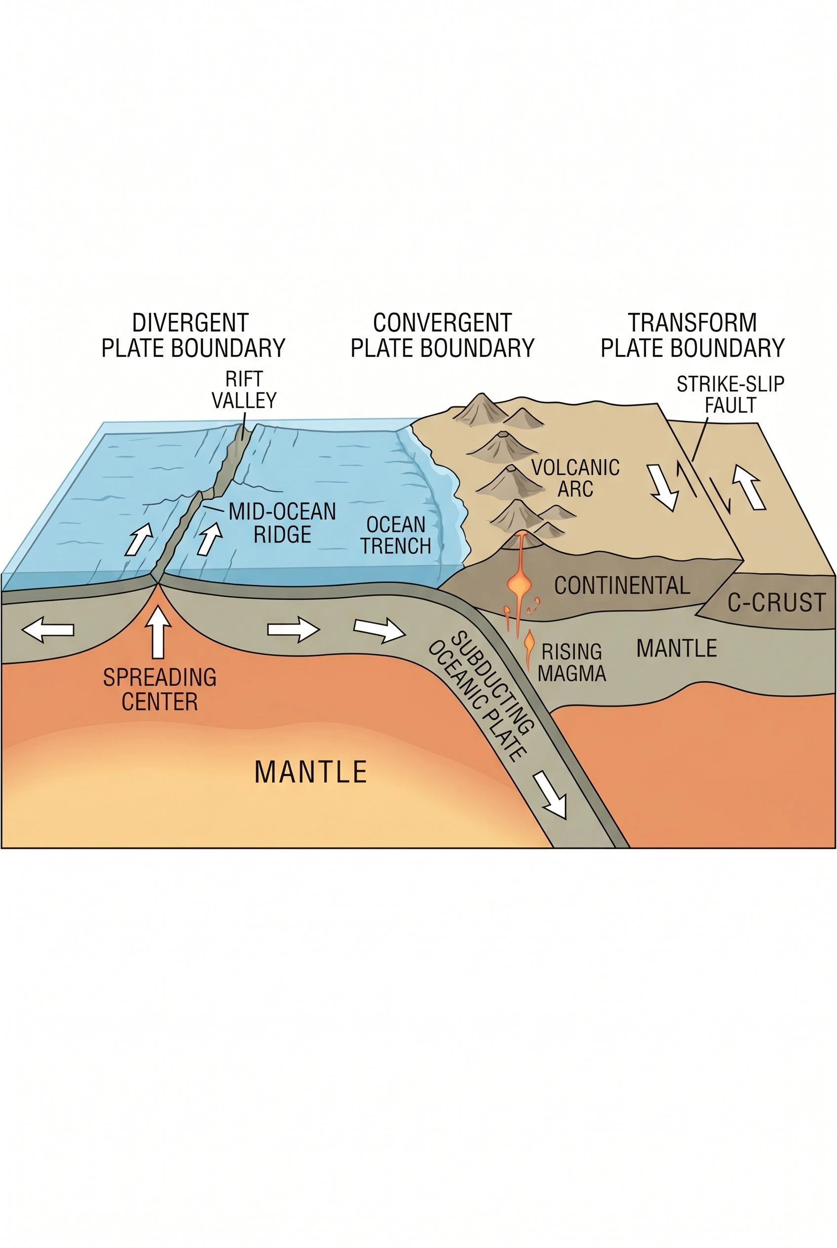 Labeled plate tectonics diagram showing all three boundary types: divergent mid-ocean ridge, convergent subduction zone with ocean trench and volcanic arc, and transform fault, all labeled