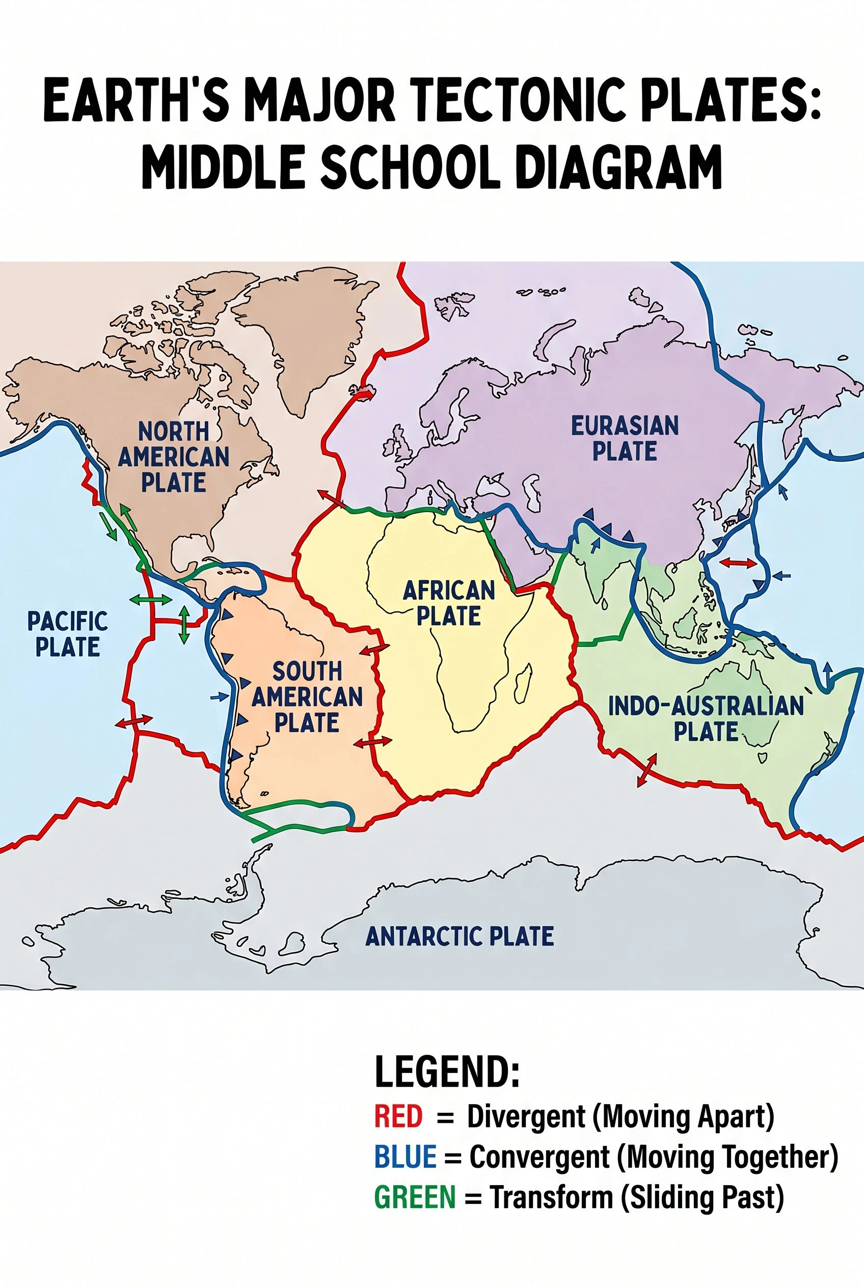 Simplified plate tectonics diagram for middle school students showing Earth's major tectonic plates on a world map with boundary types color-coded and plate movement arrows labeled
