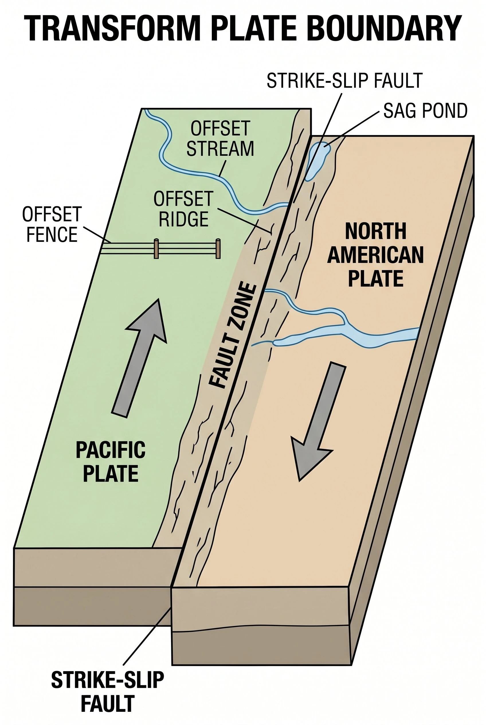 Diagram of a transform plate boundary showing two tectonic plates sliding horizontally past each other along a strike-slip fault, with arrows indicating plate movement direction and fault zone labeled
