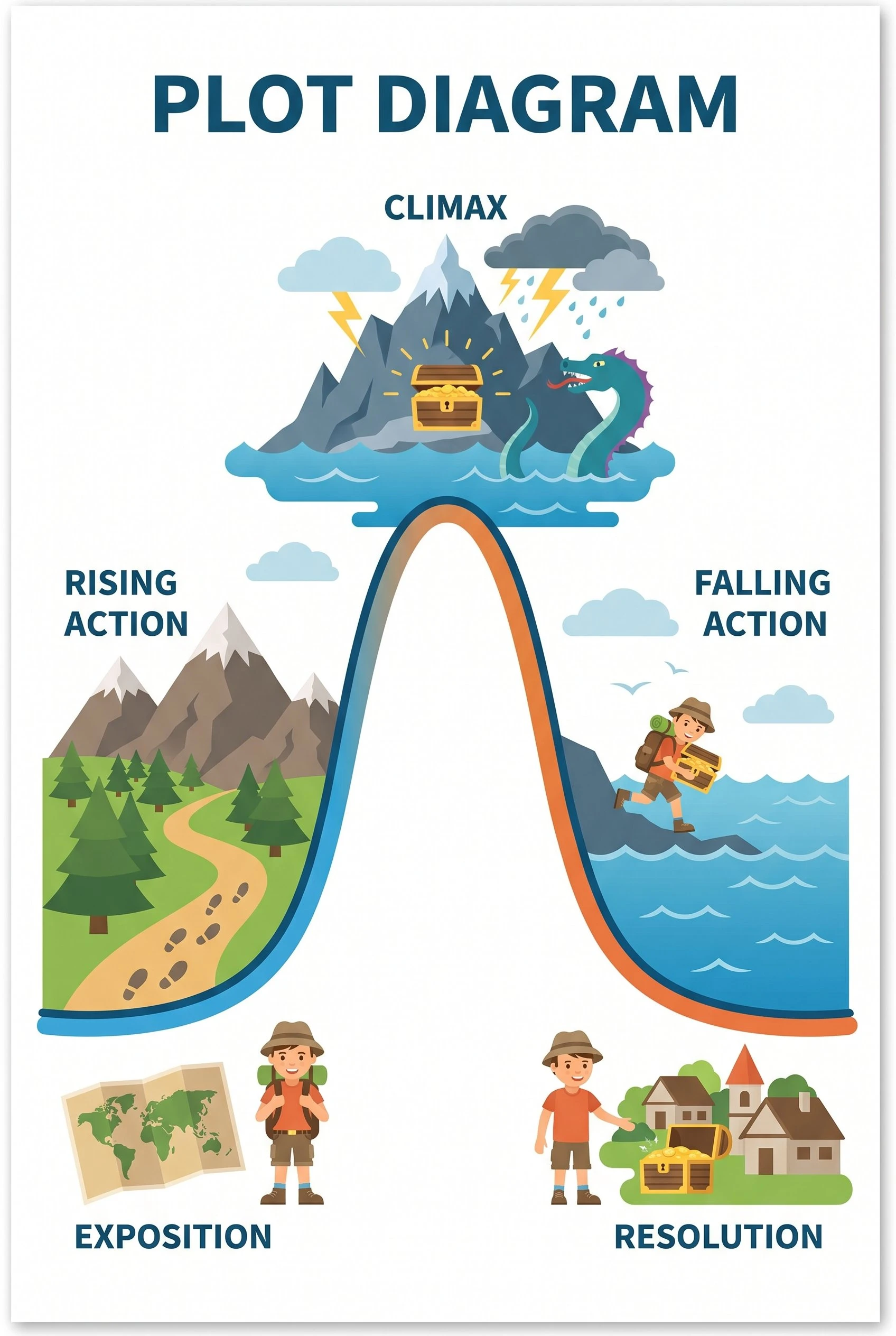 AI-illustrated adventure plot diagram with a map, mountains, a storm at the climax, and labeled plot stages