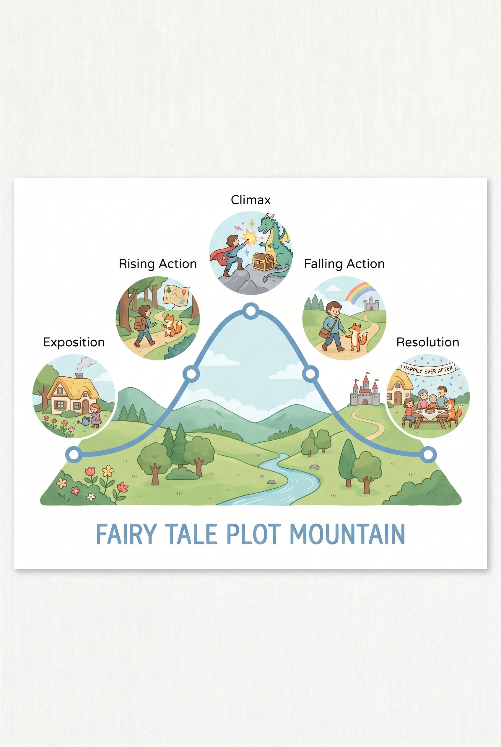 AI-illustrated plot mountain for a fairy tale with a little scene at each stage — cottage, forest, a dragon at the climax, and a happy ending