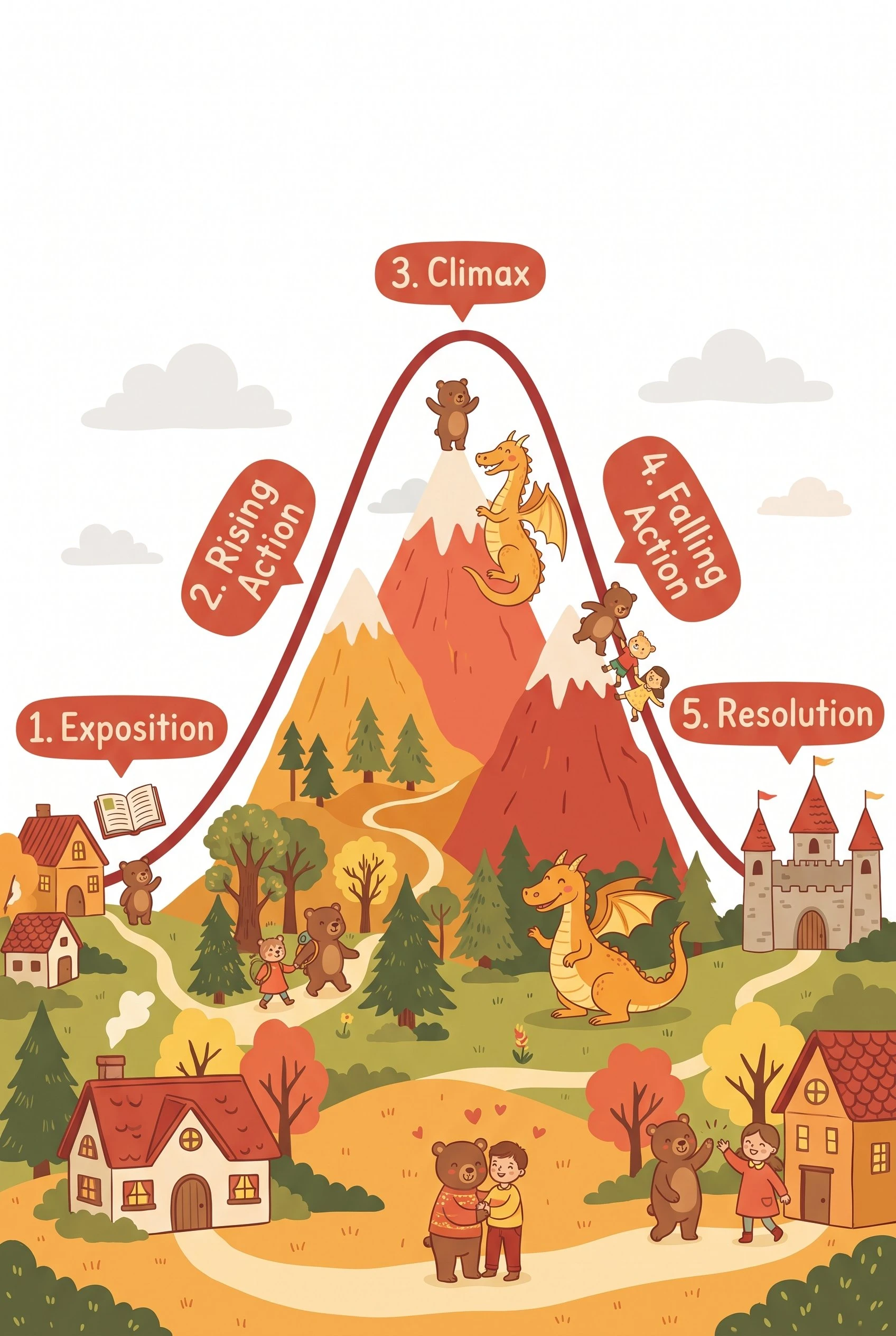 AI-illustrated whimsical story mountain with five numbered stages from exposition to resolution and cute characters