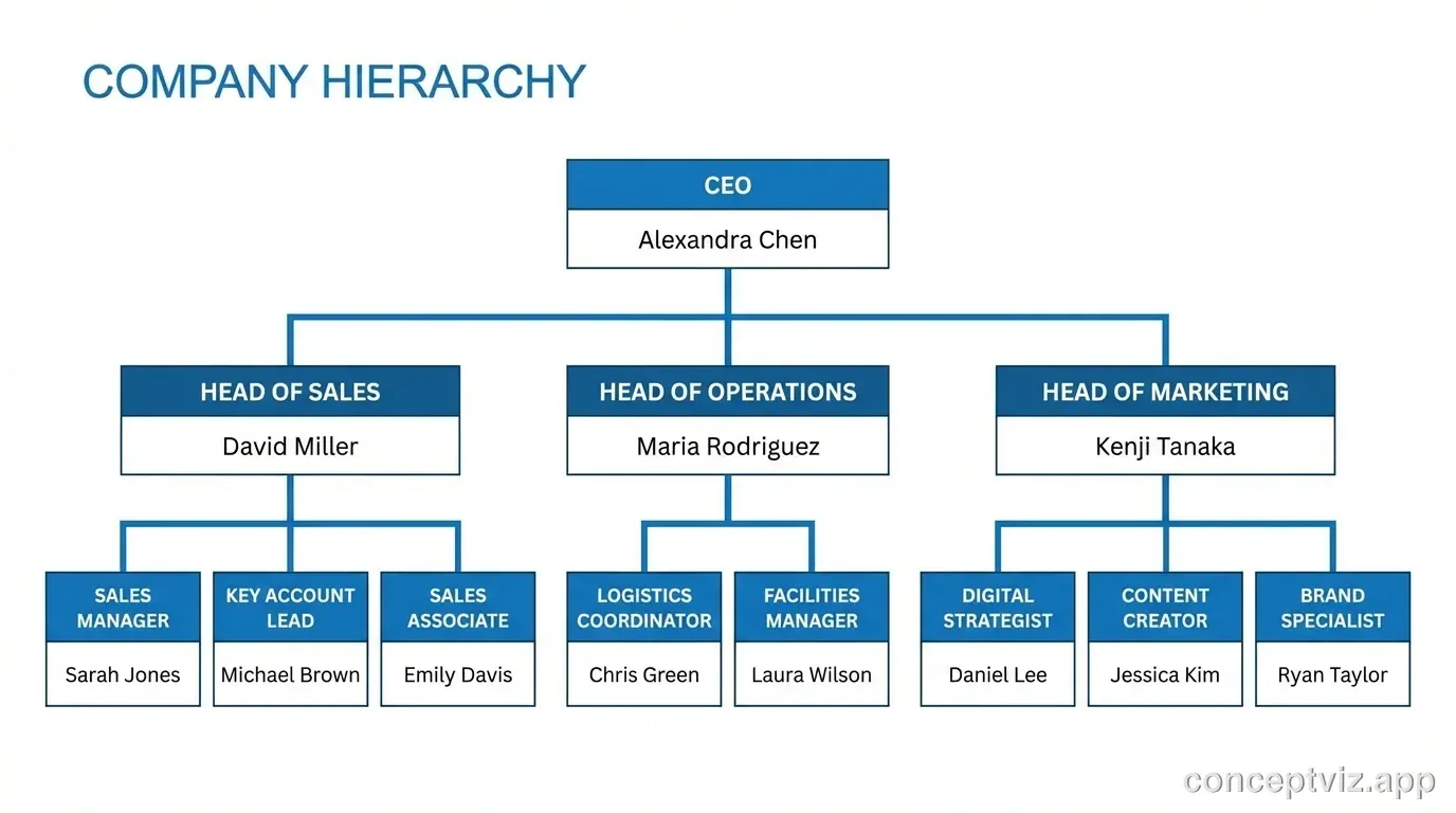 Organizational chart showing team structure and reporting lines