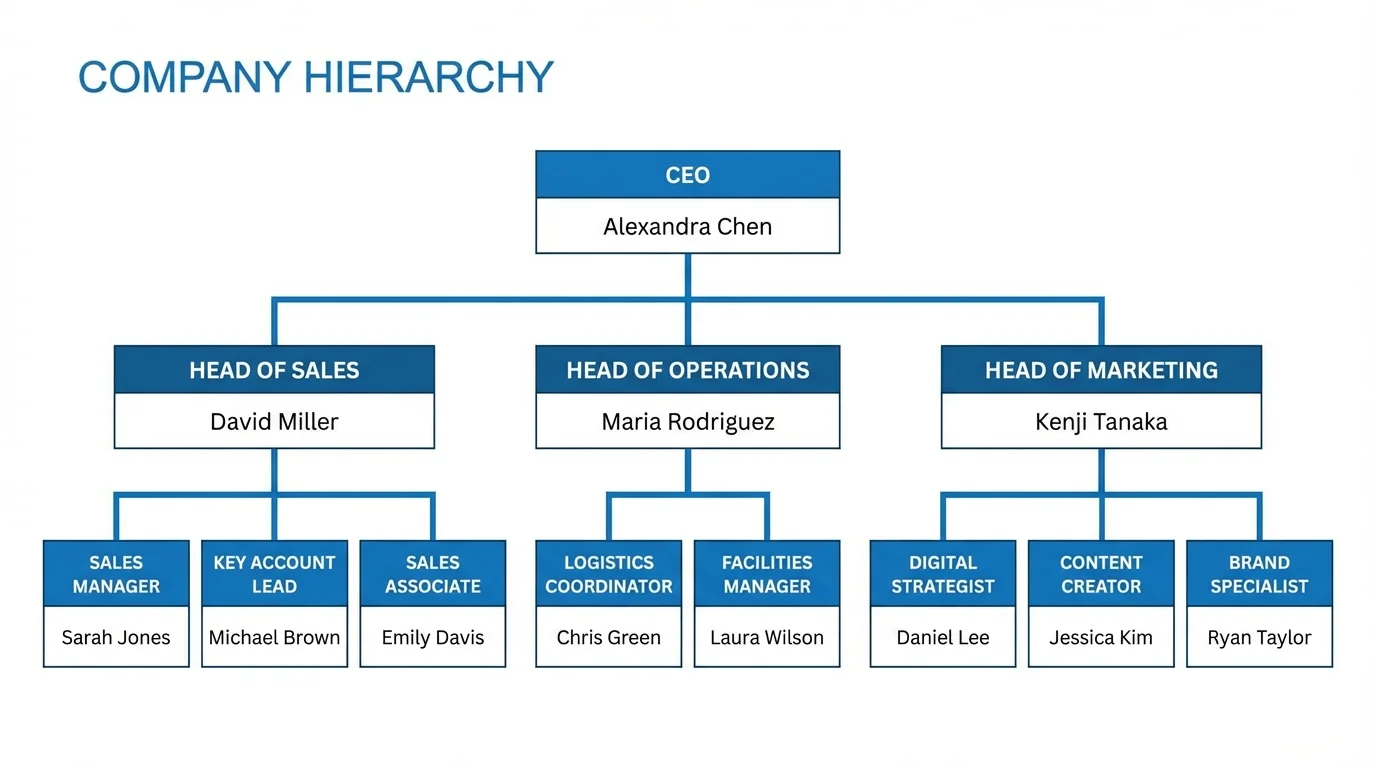 Organizational chart showing team structure and reporting lines