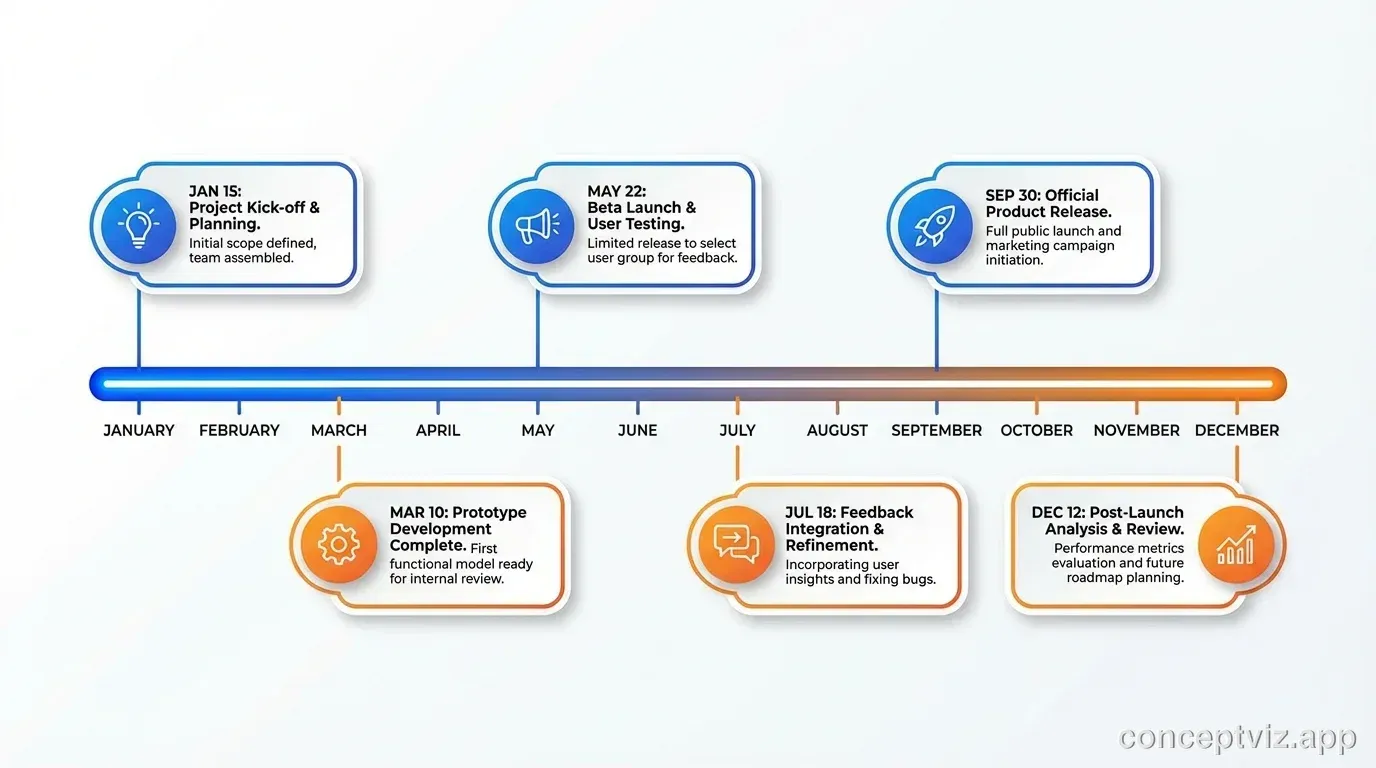 Horizontal timeline showing project milestones and deadlines