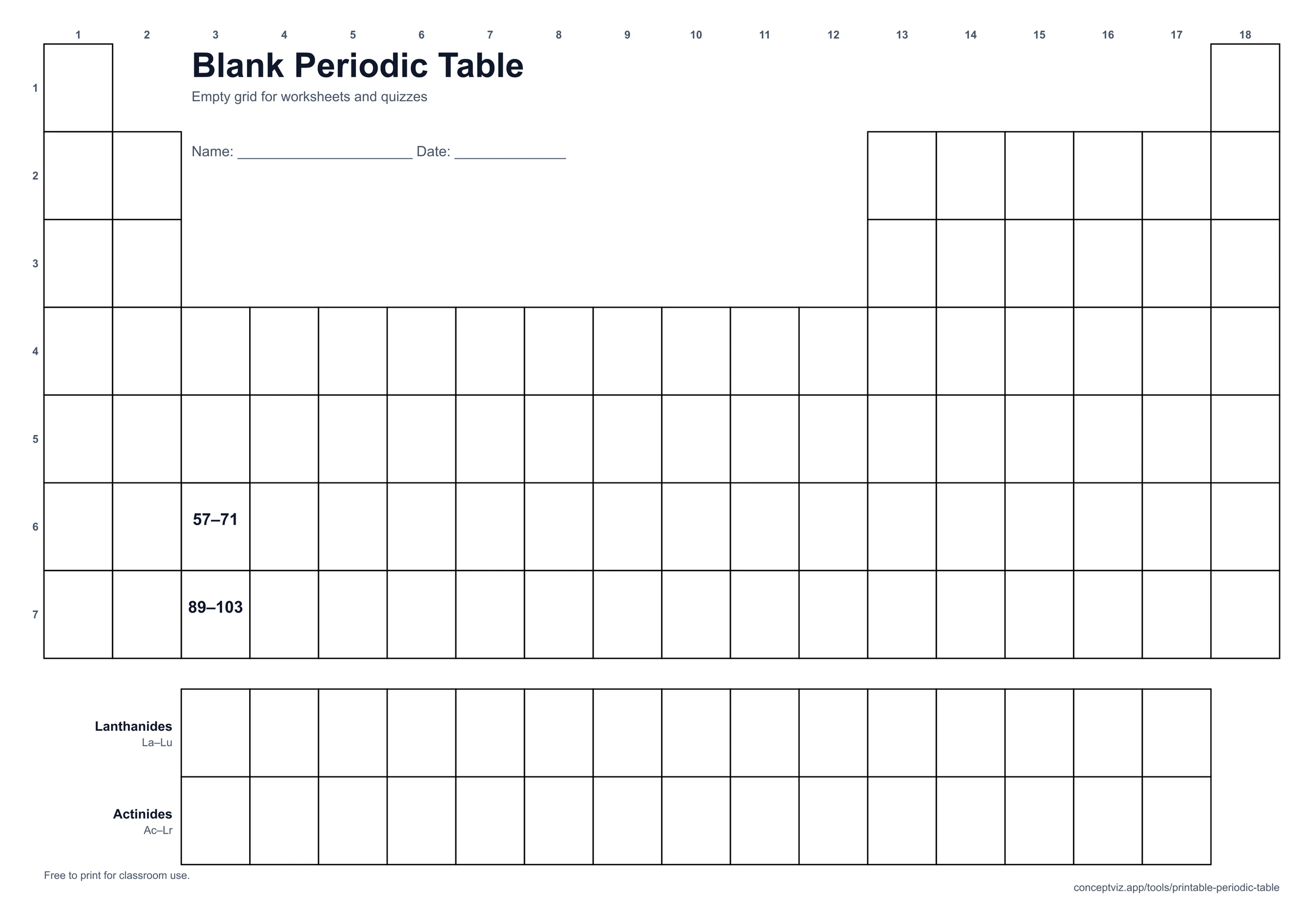 Empty periodic table grid with group and period numbers and no element data, for quizzes and worksheets