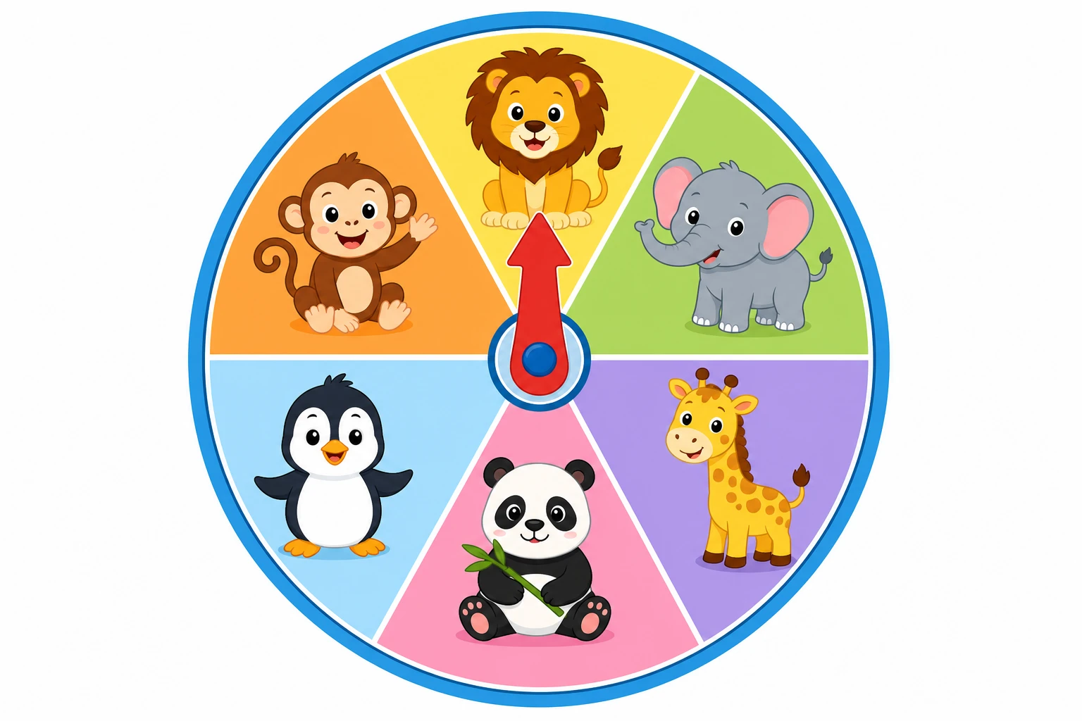 Six-sector spinner with a different cartoon animal on each sector
