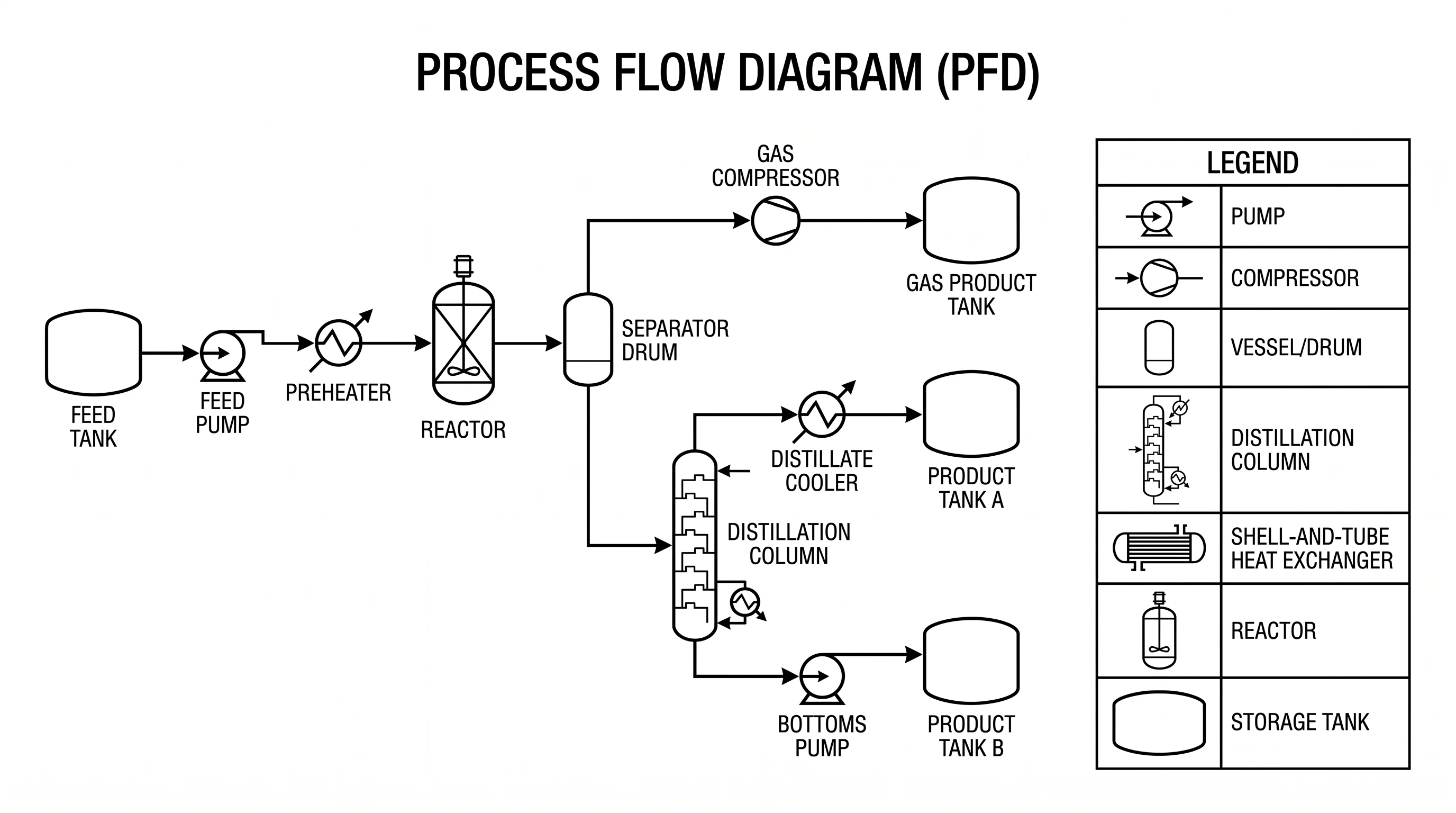 A legend of process flow diagram equipment symbols: pump, compressor, vessel, column, heat exchanger, reactor, and tank