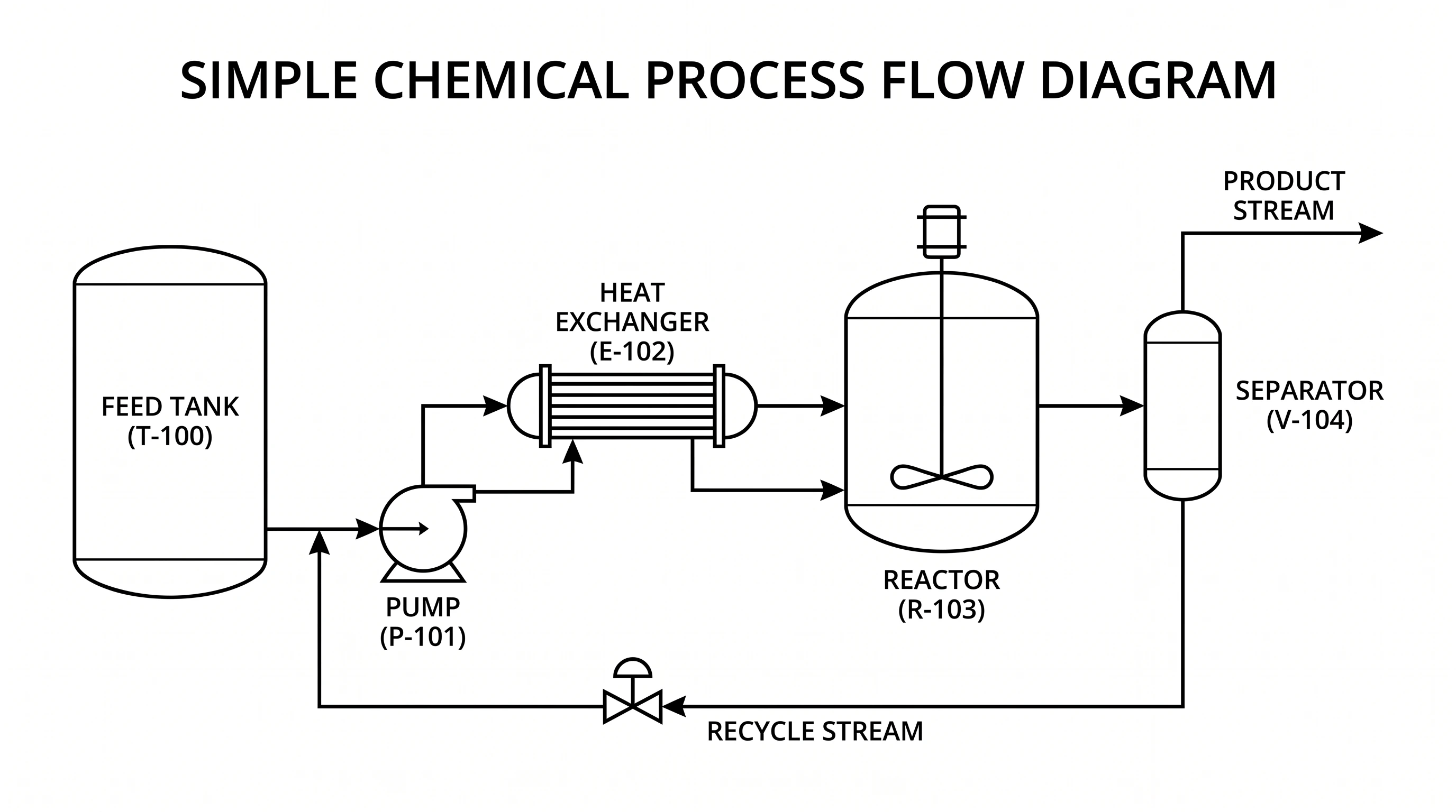 Process flow diagram of a simple chemical process with feed, pump, heat exchanger, reactor, separator, and product streams