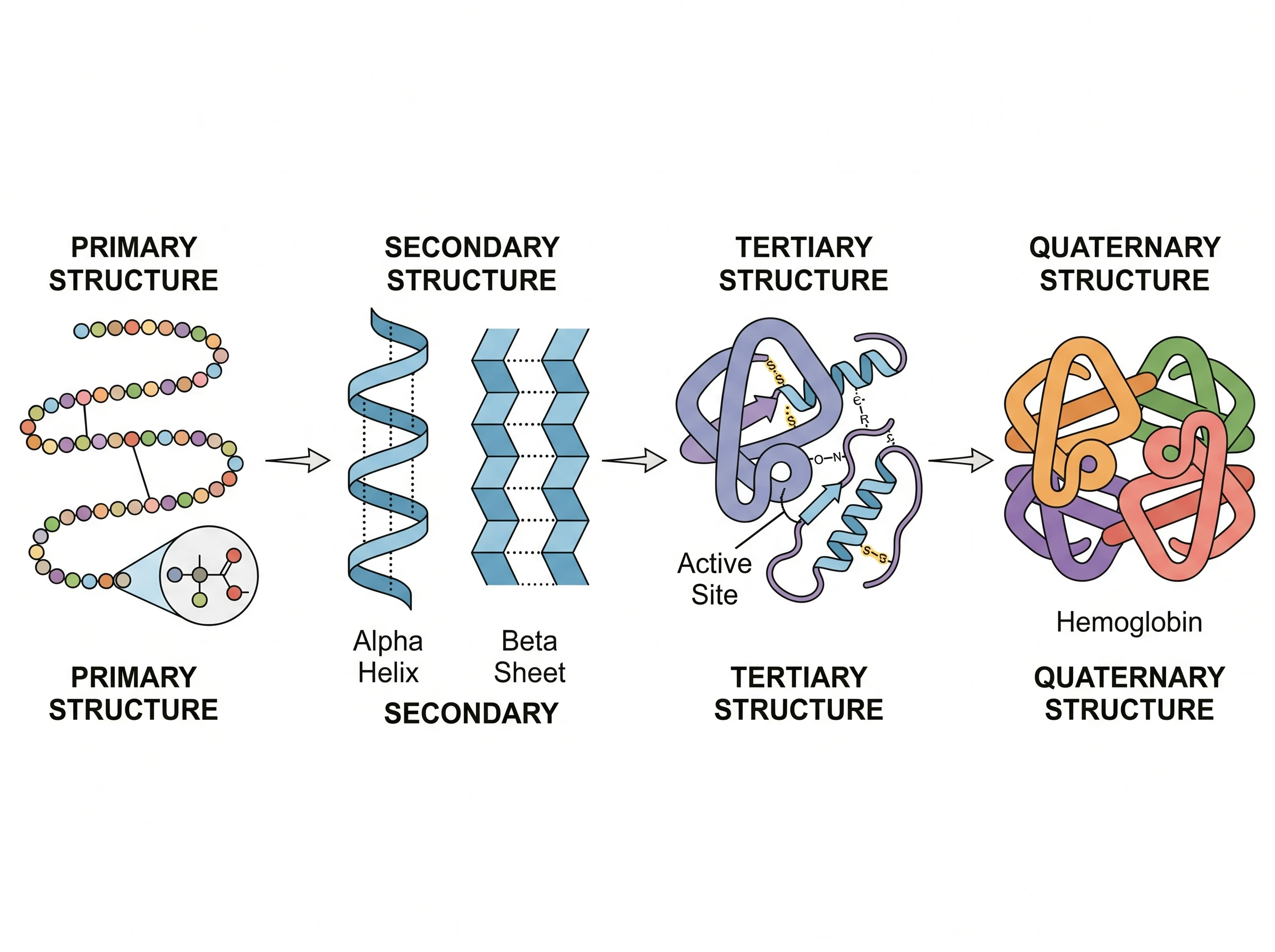Diagram of the four levels of protein structure: primary, secondary, tertiary, and quaternary, each labeled