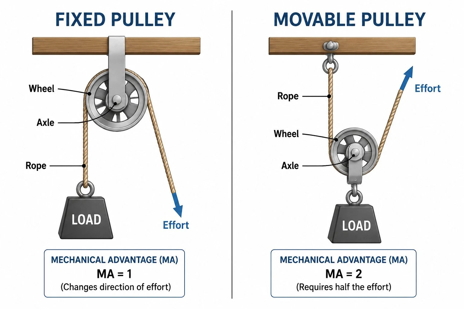 Side-by-side comparison diagram of a fixed pulley and a movable pulley, both labeled with effort, load, rope, axle, wheel, and mechanical advantage values