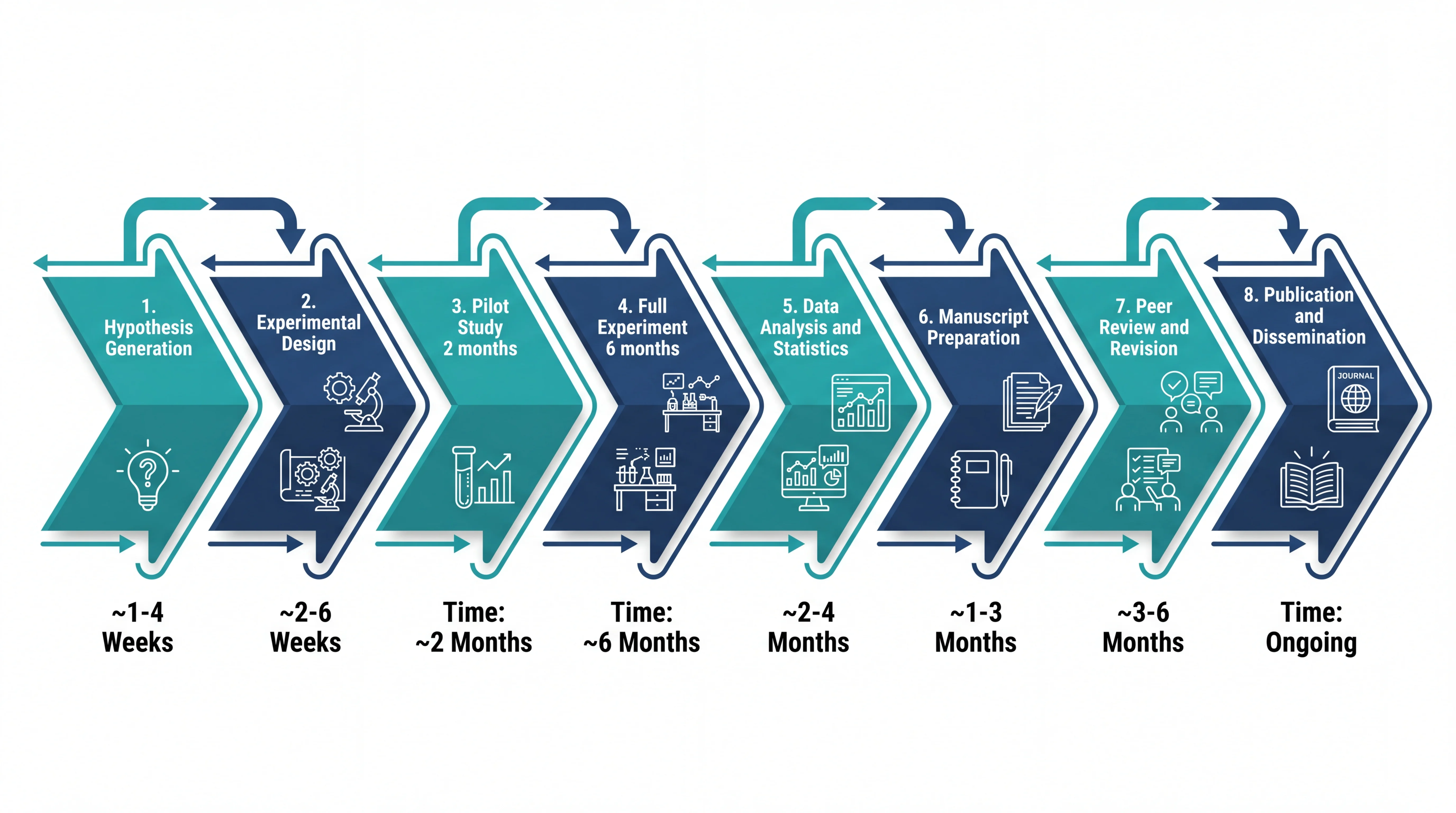 Laboratory research pipeline roadmap from hypothesis to publication showing experimental phases.
