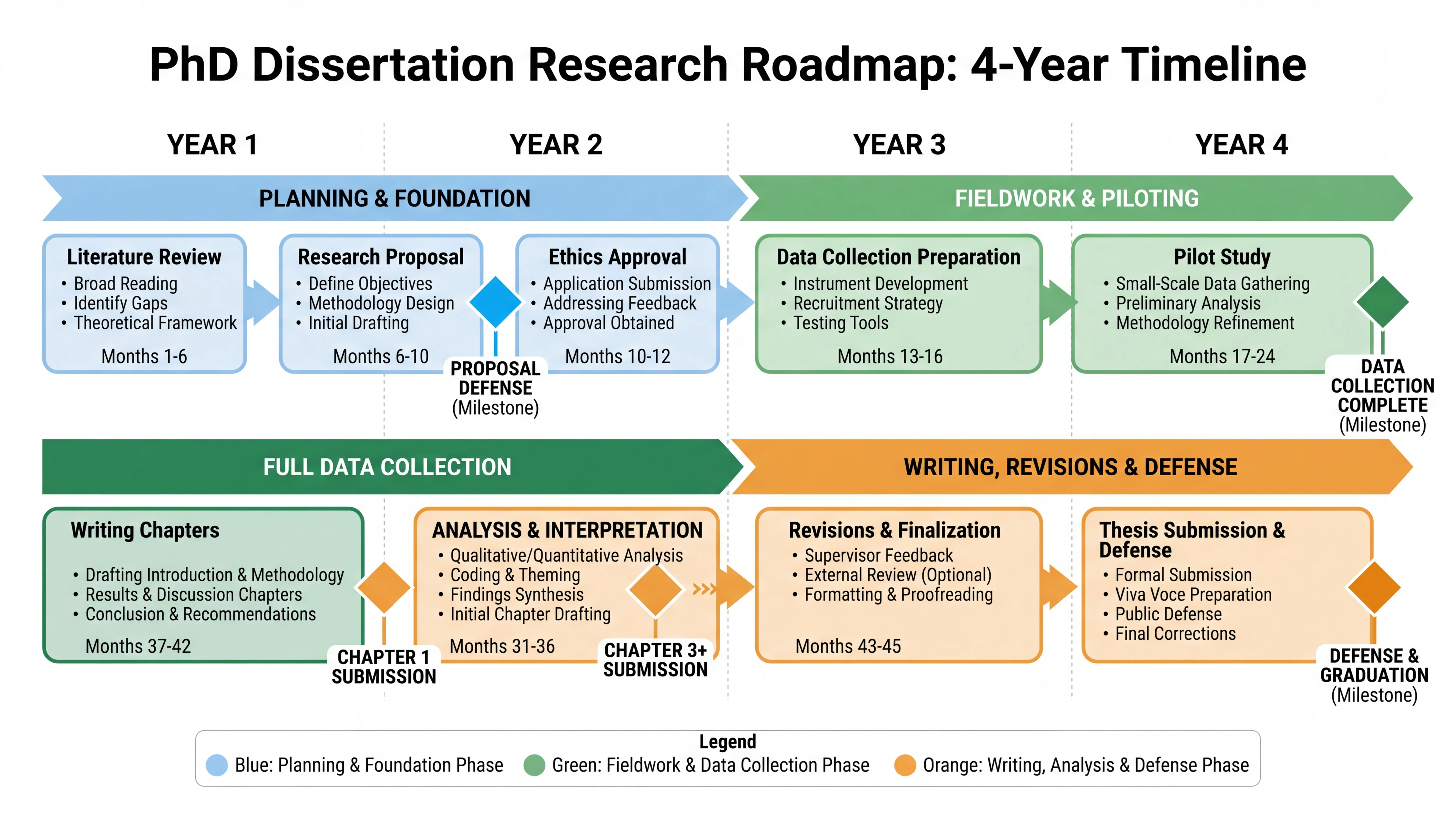 PhD dissertation research roadmap showing 4-year timeline from proposal to final defense.