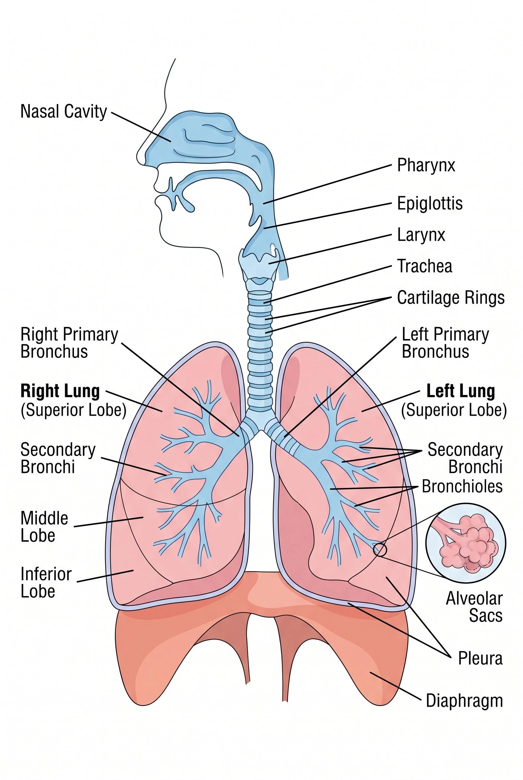 Labeled full respiratory system diagram showing nasal cavity, trachea, bronchi, lungs, and diaphragm in anterior view