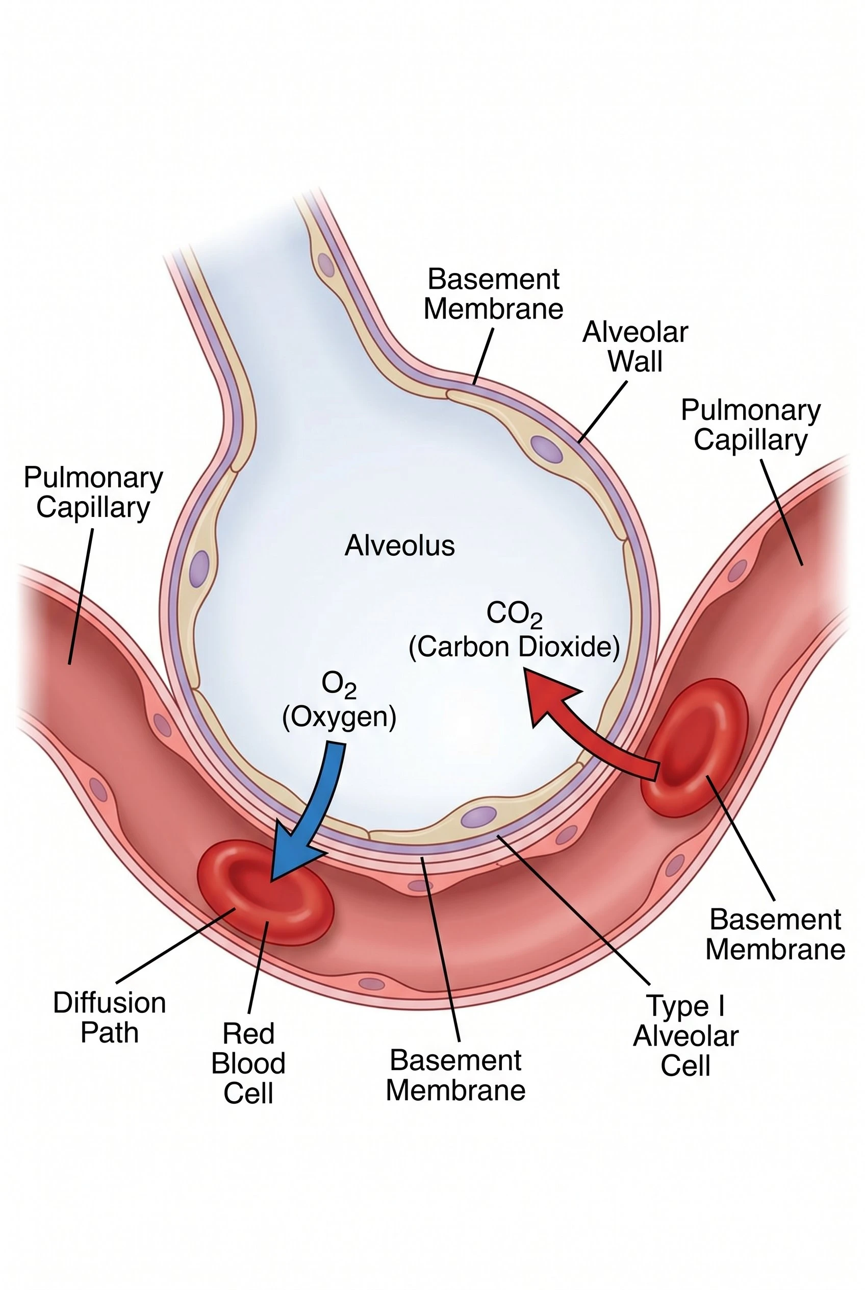 Alveolus cross-section diagram showing oxygen and carbon dioxide gas exchange with pulmonary capillaries