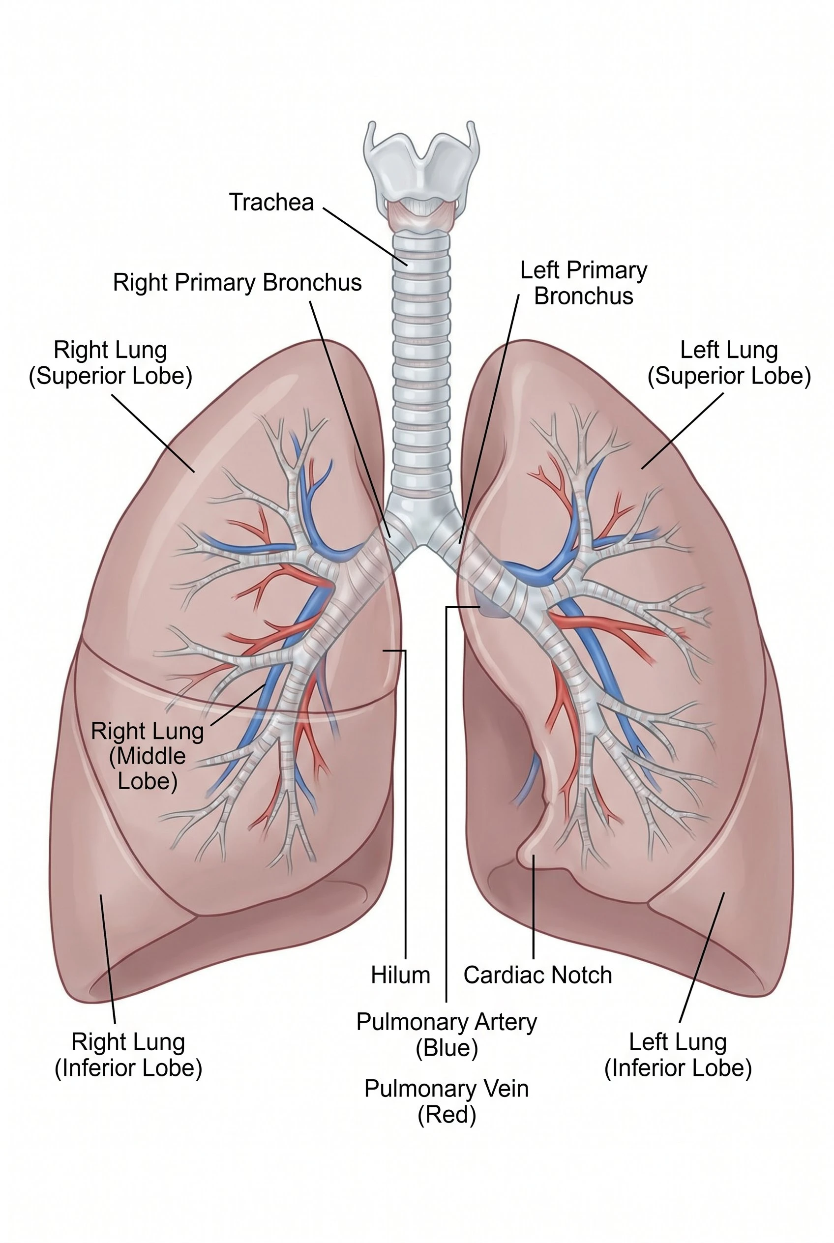 Detailed labeled diagram of the lungs and bronchial tree showing left and right lung lobes, primary and secondary bronchi, and bronchioles