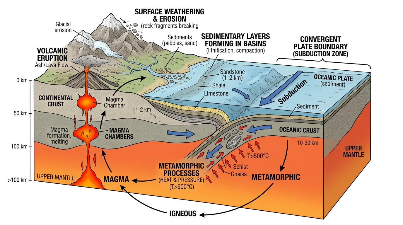 Cross-section view of Earth showing the rock cycle occurring within geological layers, from surface weathering to deep mantle melting.