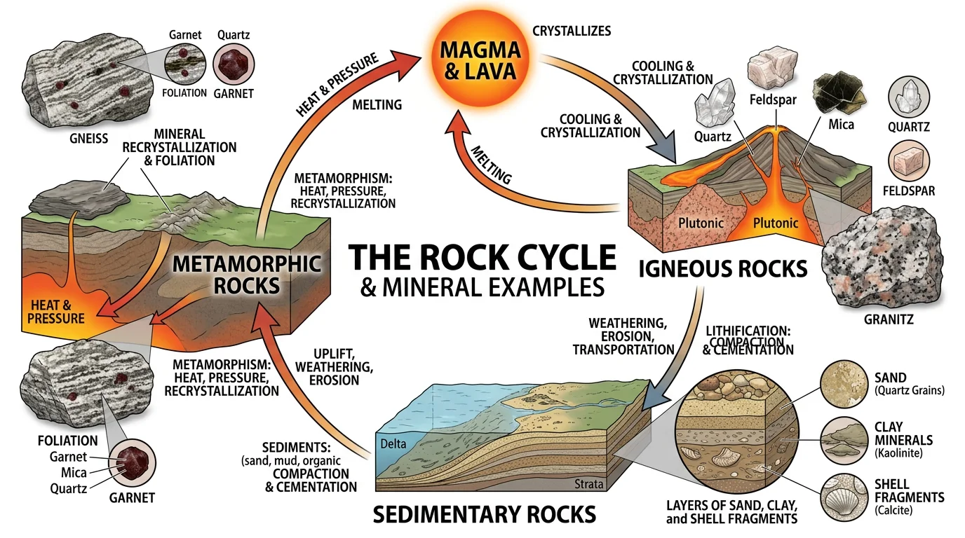 Rock cycle diagram featuring real mineral and rock photographs alongside each rock type with mineral composition details.