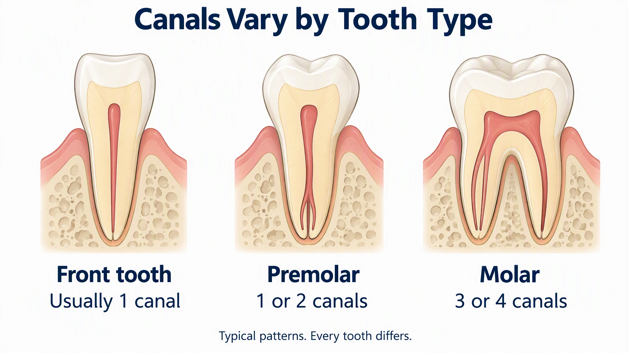 AI-generated comparison of a front tooth with one canal, a premolar with one or two canals and a molar with three or four canals