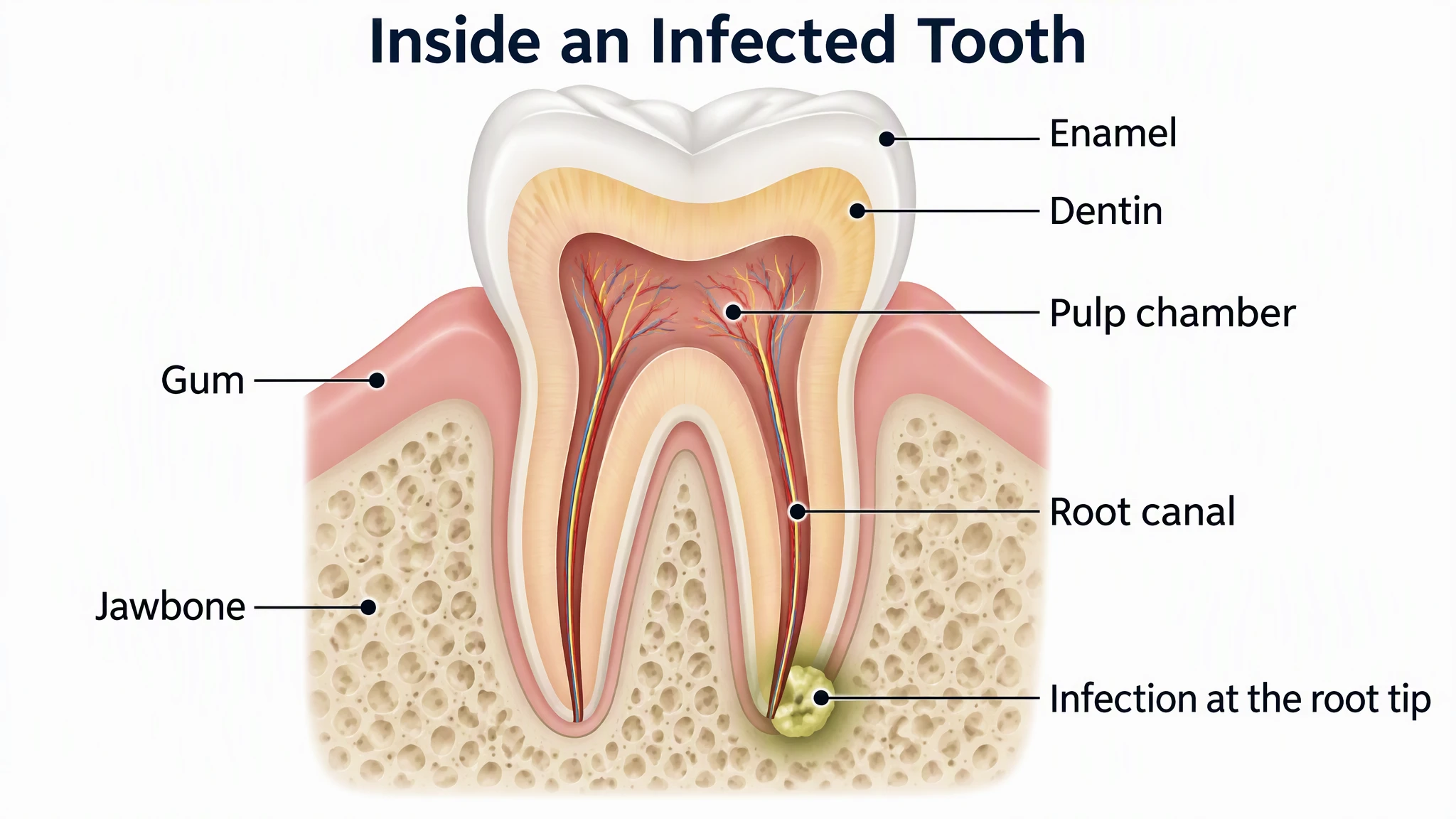 AI-generated labeled cross-section of a lower molar with enamel, dentin, pulp chamber, root canal, gum, jawbone and an infection at the root tip