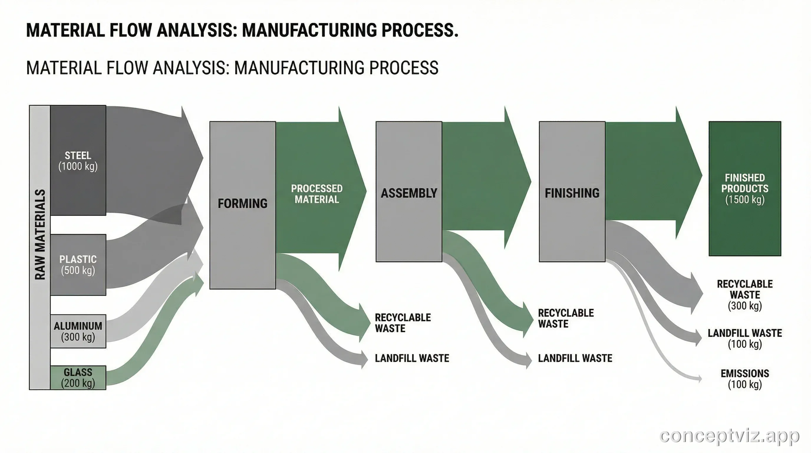 Sankey diagram depicting material flows in an industrial process from raw materials through manufacturing to products and waste streams.