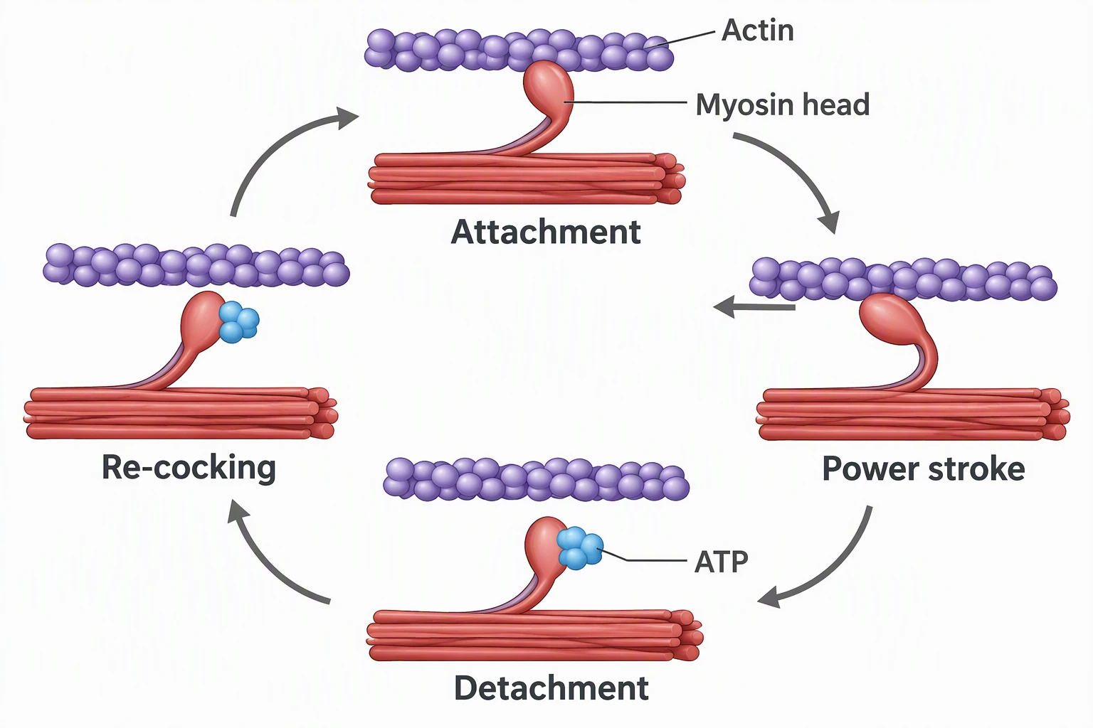 Four-panel cross-bridge cycle labeled Attachment, Power stroke, Detachment, Re-cocking, Actin, Myosin head, and ATP on the Detachment panel
