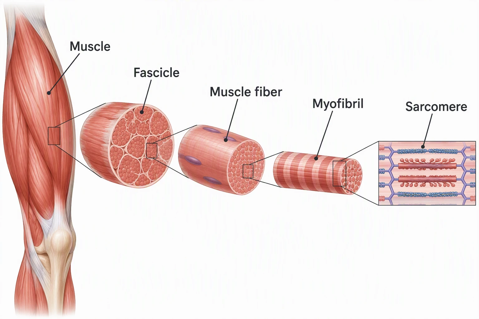 Muscle hierarchy labeled Muscle, Fascicle, Muscle fiber, Myofibril, and Sarcomere