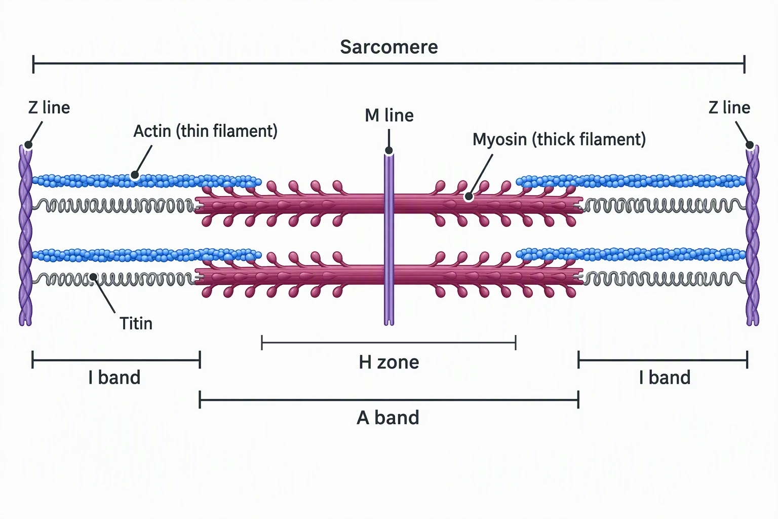 Labeled sarcomere showing Sarcomere, Z line (two), M line, Actin (thin filament), Myosin (thick filament), Titin, H zone, I band (two), and A band