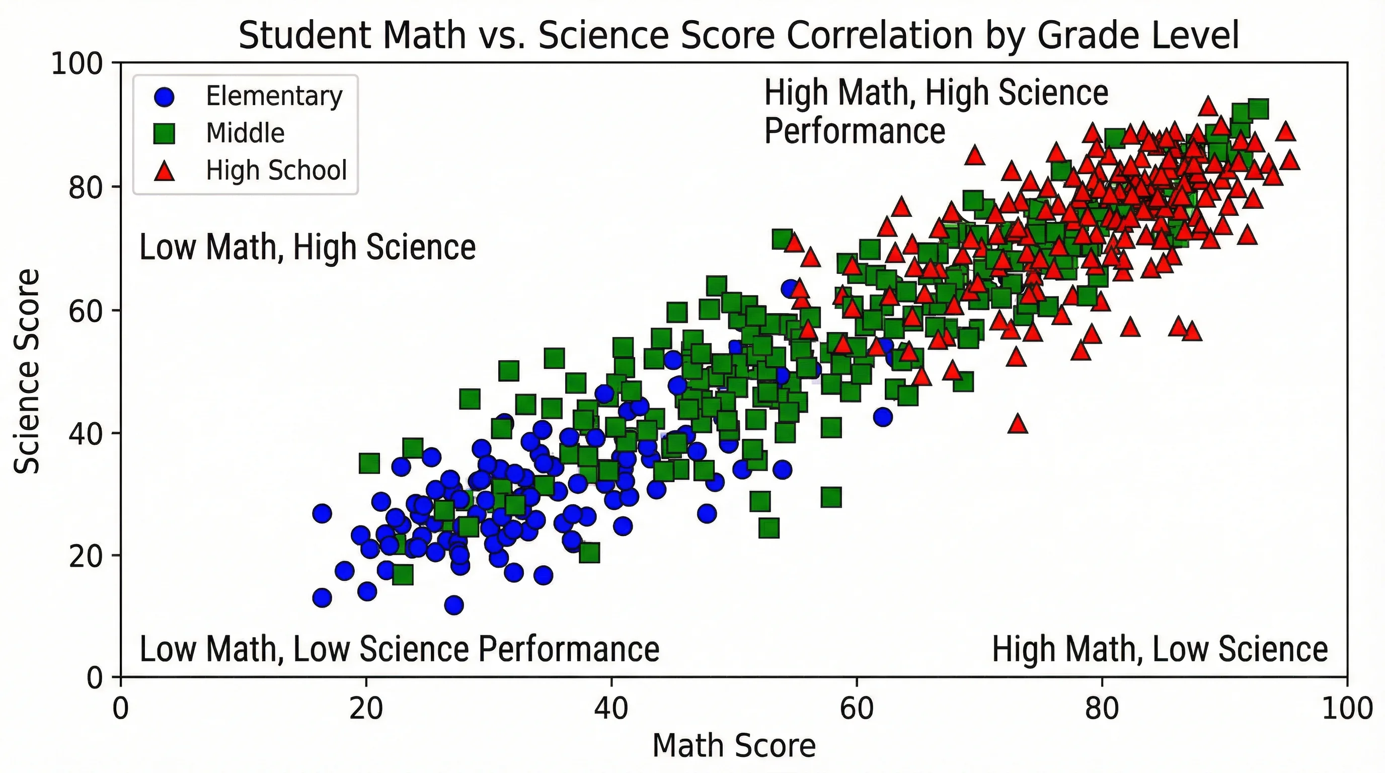 Scatter plot comparing math vs science scores for students, color-coded by grade level with quadrant labels.