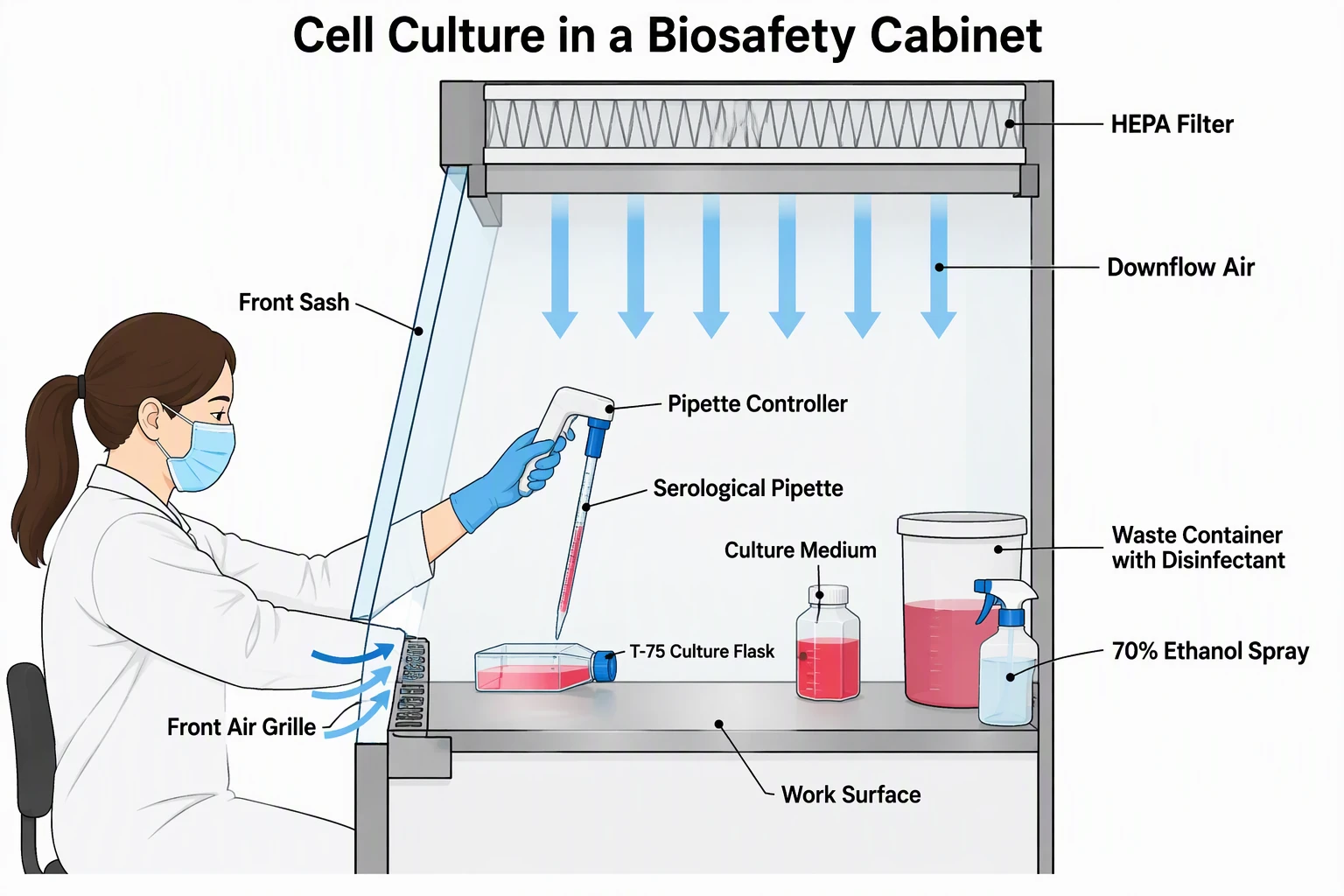 AI-generated side view of cell culture in a Class II biosafety cabinet: HEPA filter, downflow air, front sash, front air grille, flask, pipette, medium, waste container, ethanol spray