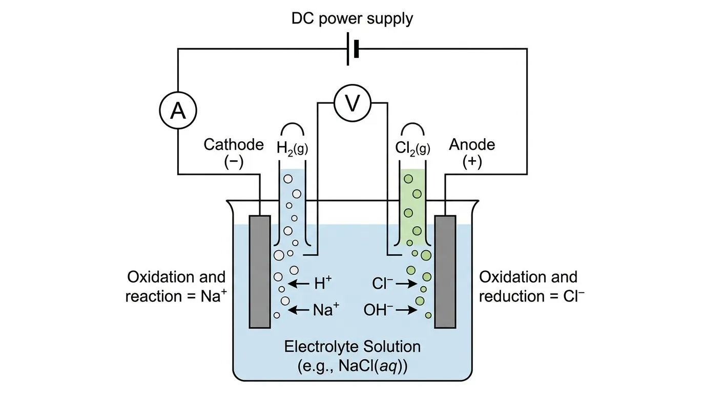 Electrolysis cell schematic diagram showing electrode setup and ion movement