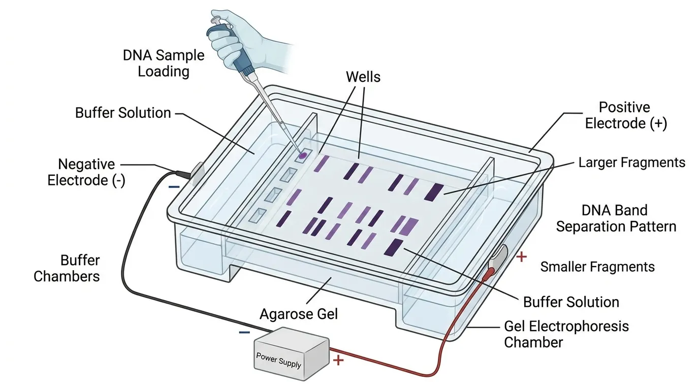 Gel electrophoresis schematic diagram showing buffer tank, gel slab, wells, and electrode positions