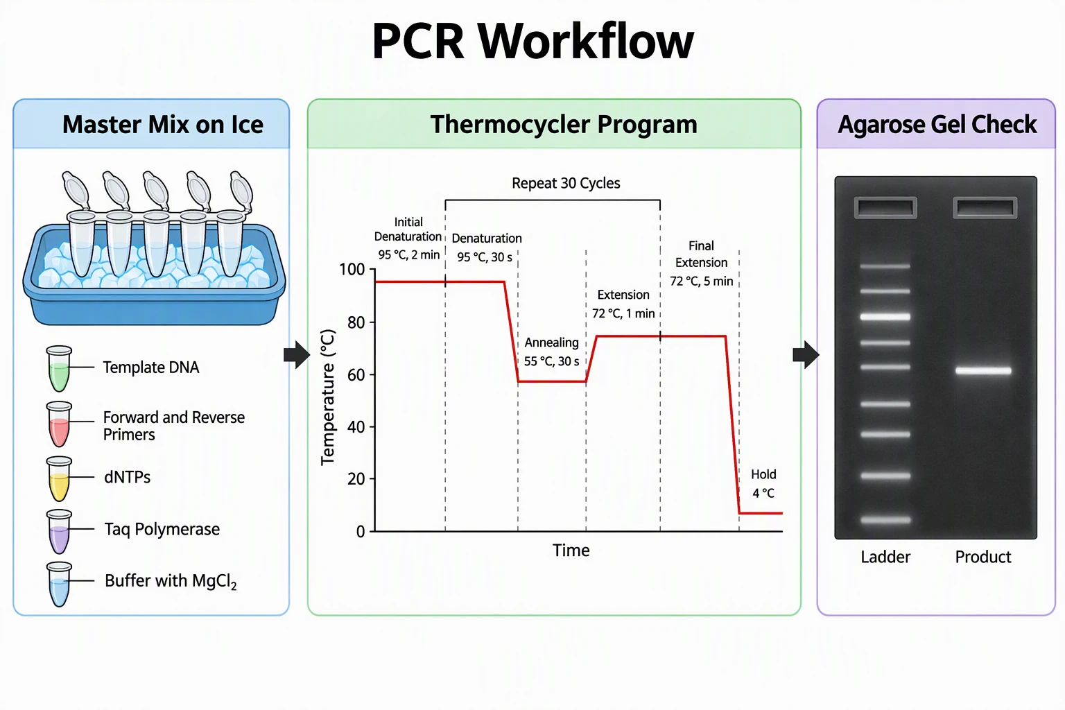 AI-generated PCR workflow: master mix on ice, thermocycler temperature program with 30 repeated cycles, agarose gel check with ladder and product band