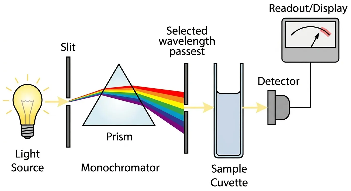 Spectrophotometer schematic diagram showing light source, monochromator, sample cuvette, and detector path