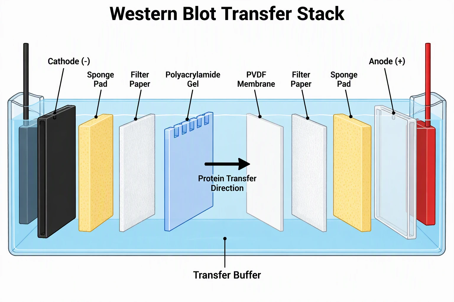 AI-generated Western blot wet transfer stack: cathode, sponge pad, filter paper, gel, PVDF membrane, filter paper, sponge pad, anode, in transfer buffer